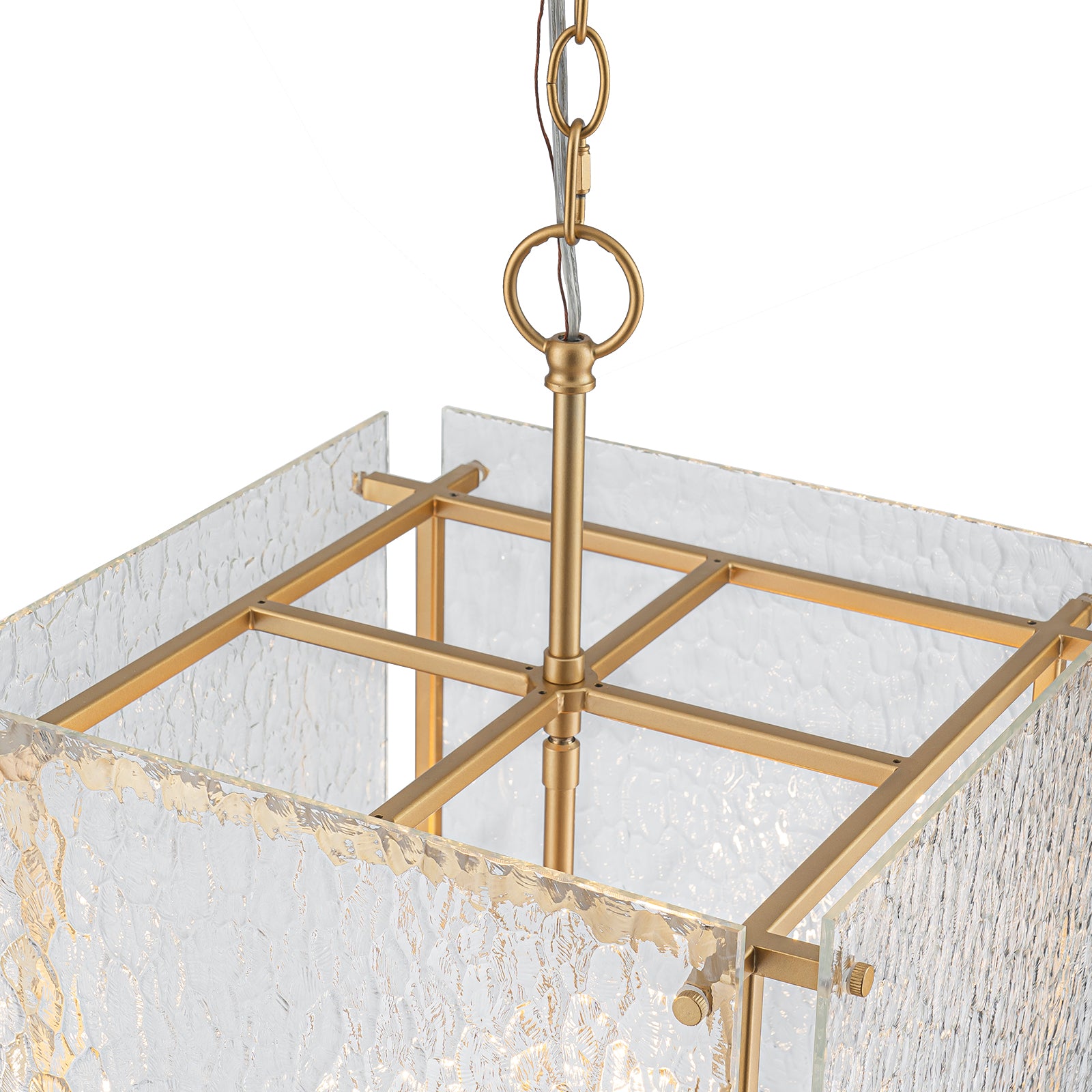 Glowlings 4-flammige moderne goldene quadratische Struktur-Hammerglas-Laterne für die Küche