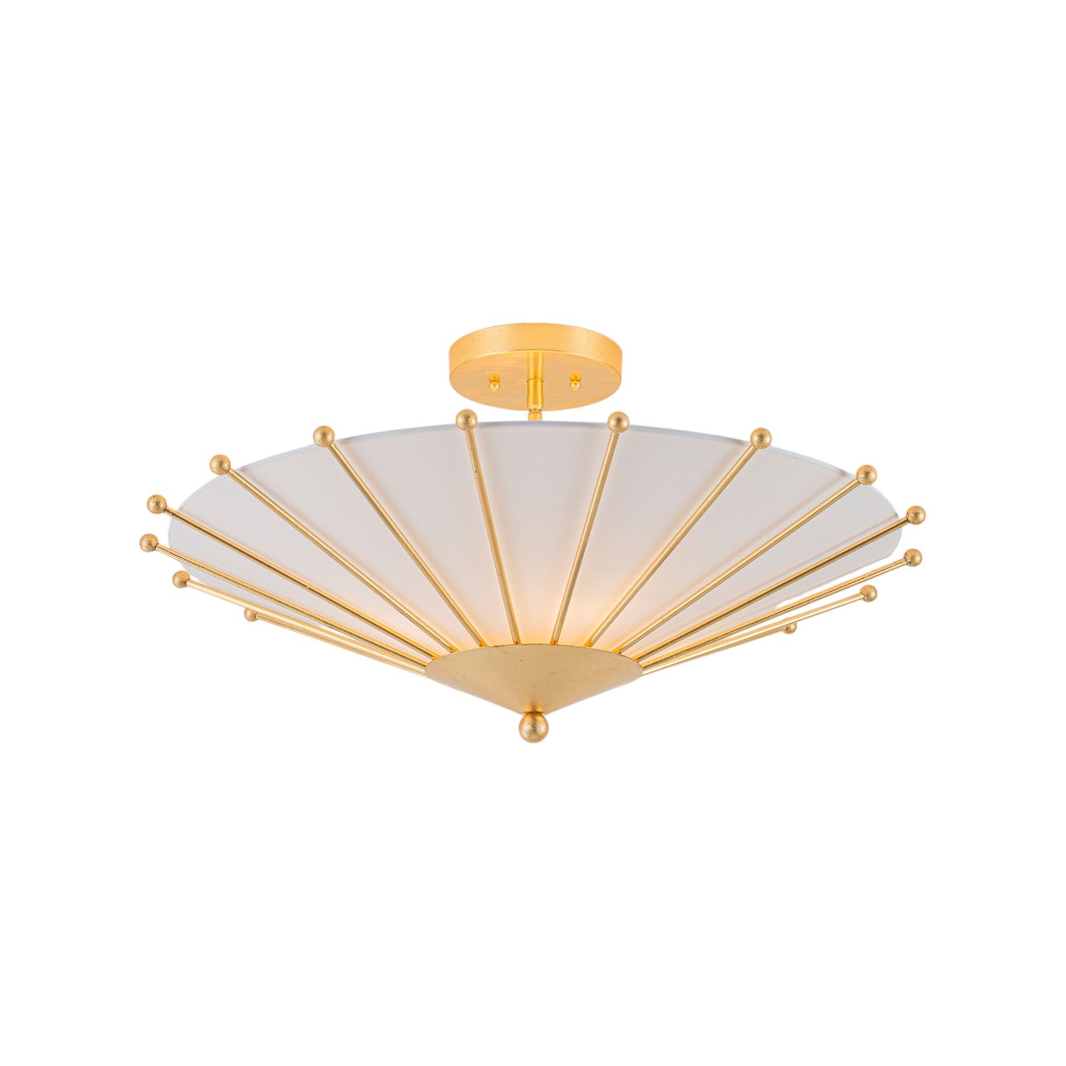 Glowlings 4-Light Modern Hand-Applied Gold Leaf Sputnik Semi Flush Mount Ceiling Light with White Fabric Linen Shade