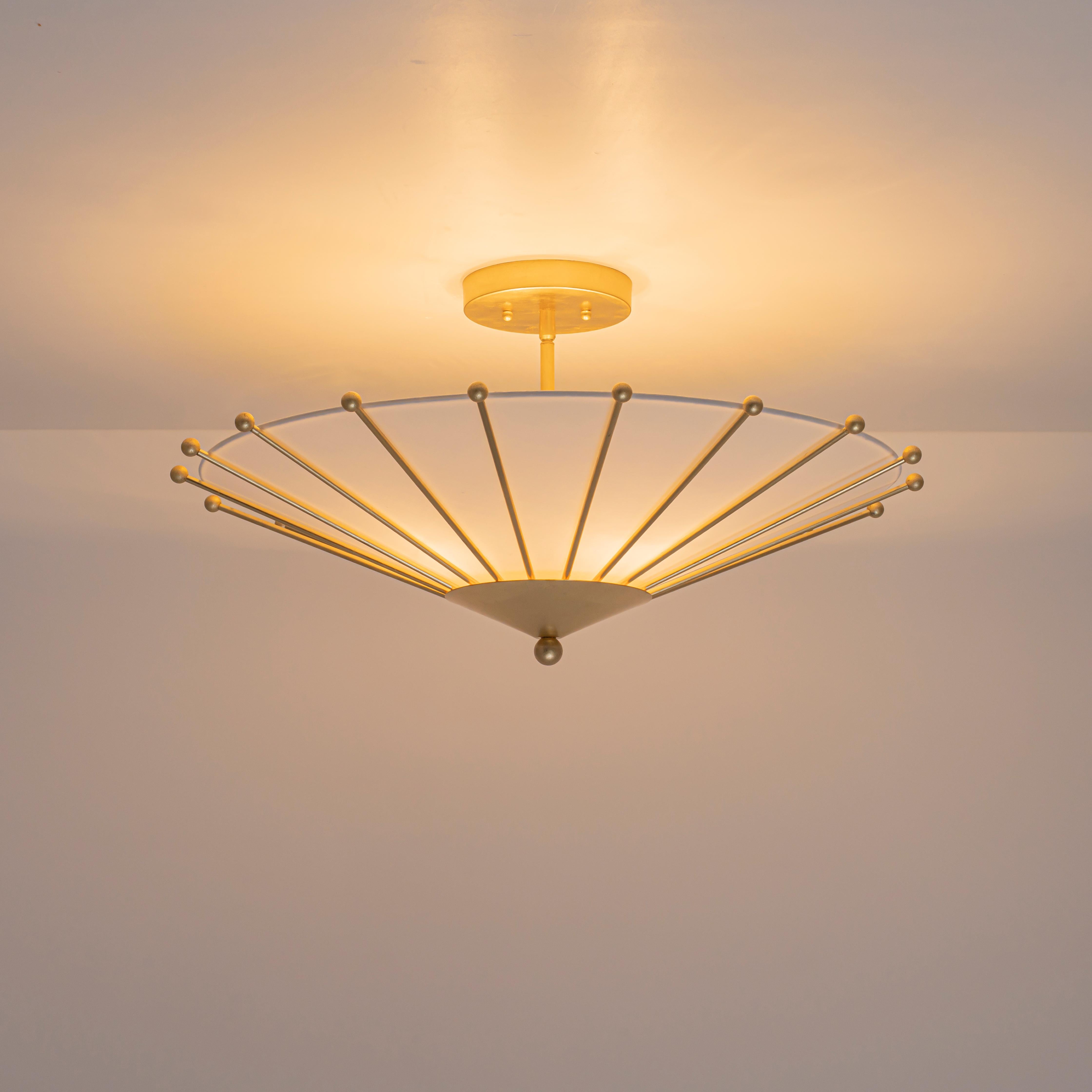 Glowlings 4-Light Modern Hand-Applied Gold Leaf Sputnik Semi Flush Mount Ceiling Light with White Fabric Linen Shade