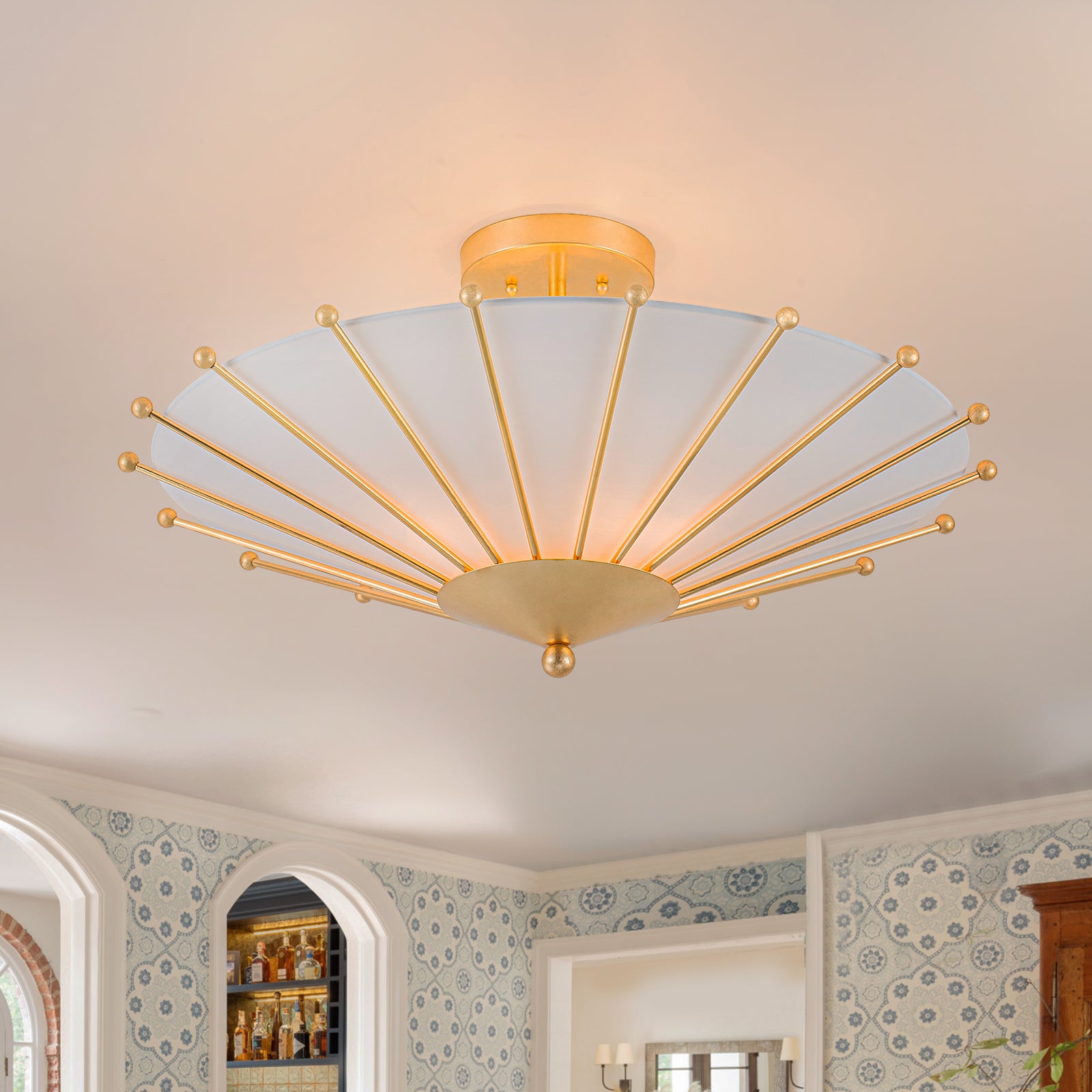 Glowlings 4-Light Modern Hand-Applied Gold Leaf Sputnik Semi Flush Mount Ceiling Light with White Fabric Linen Shade