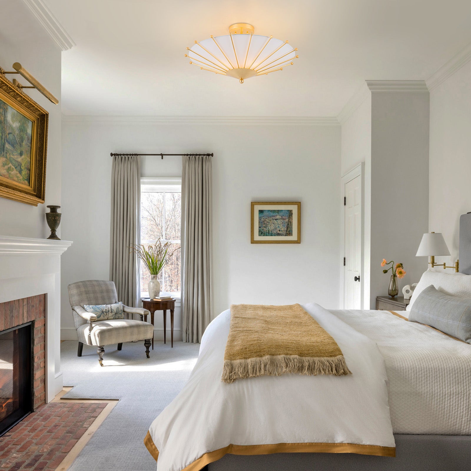 Glowlings 4-Light Modern Hand-Applied Gold Leaf Sputnik Semi Flush Mount Ceiling Light with White Fabric Linen Shade
