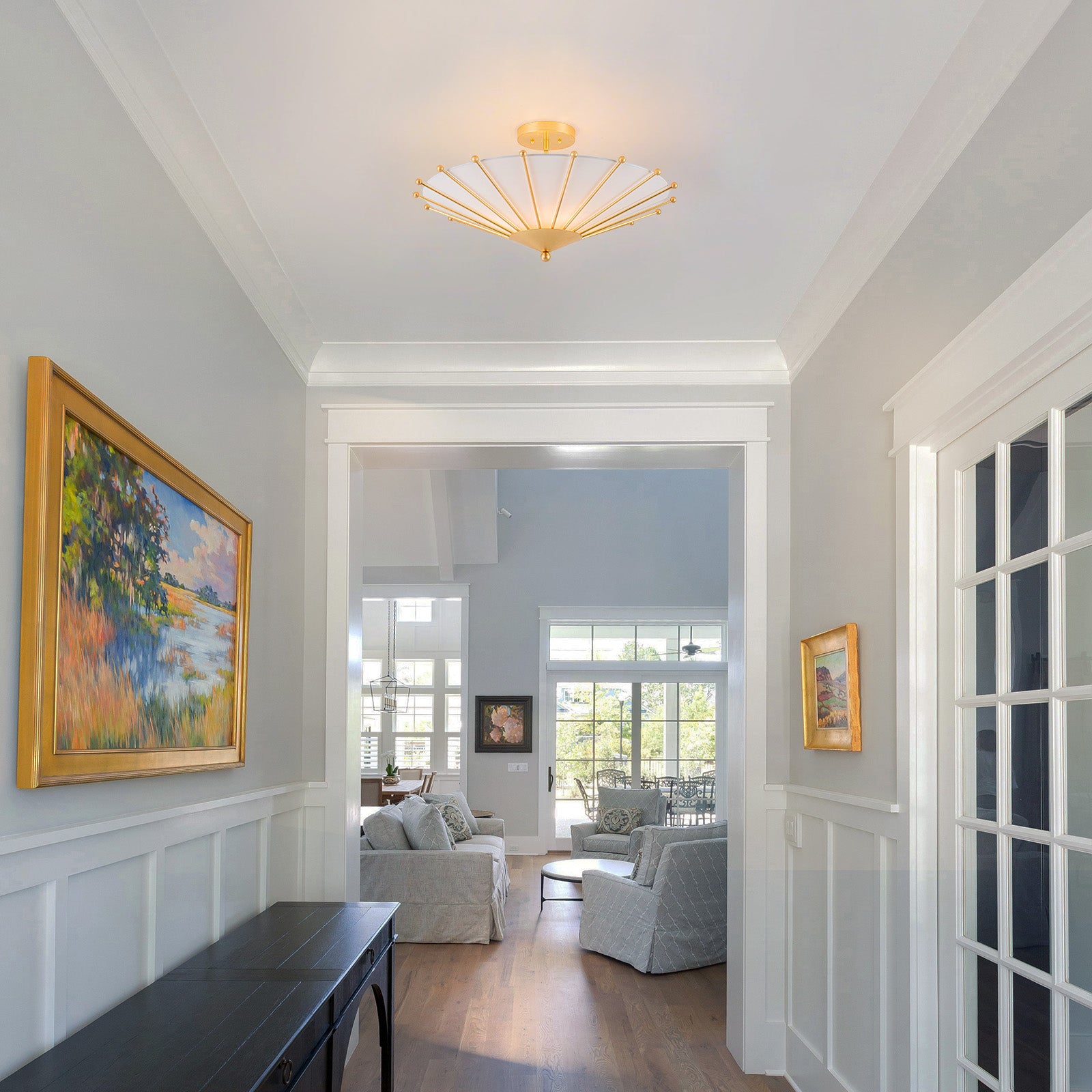Glowlings 4-Light Modern Hand-Applied Gold Leaf Sputnik Semi Flush Mount Ceiling Light with White Fabric Linen Shade