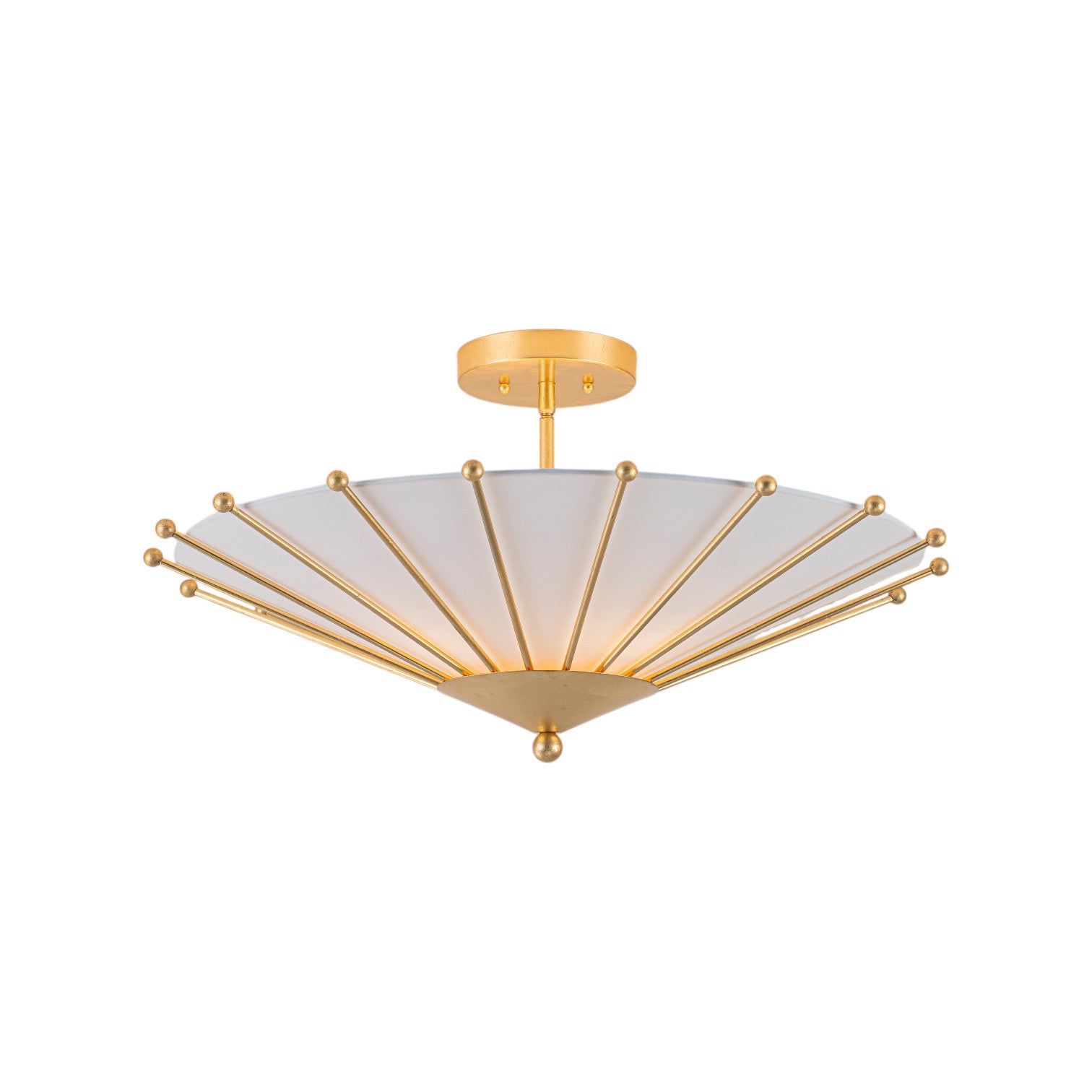 Glowlings 4-Light Modern Hand-Applied Gold Leaf Sputnik Semi Flush Mount Ceiling Light with White Fabric Linen Shade