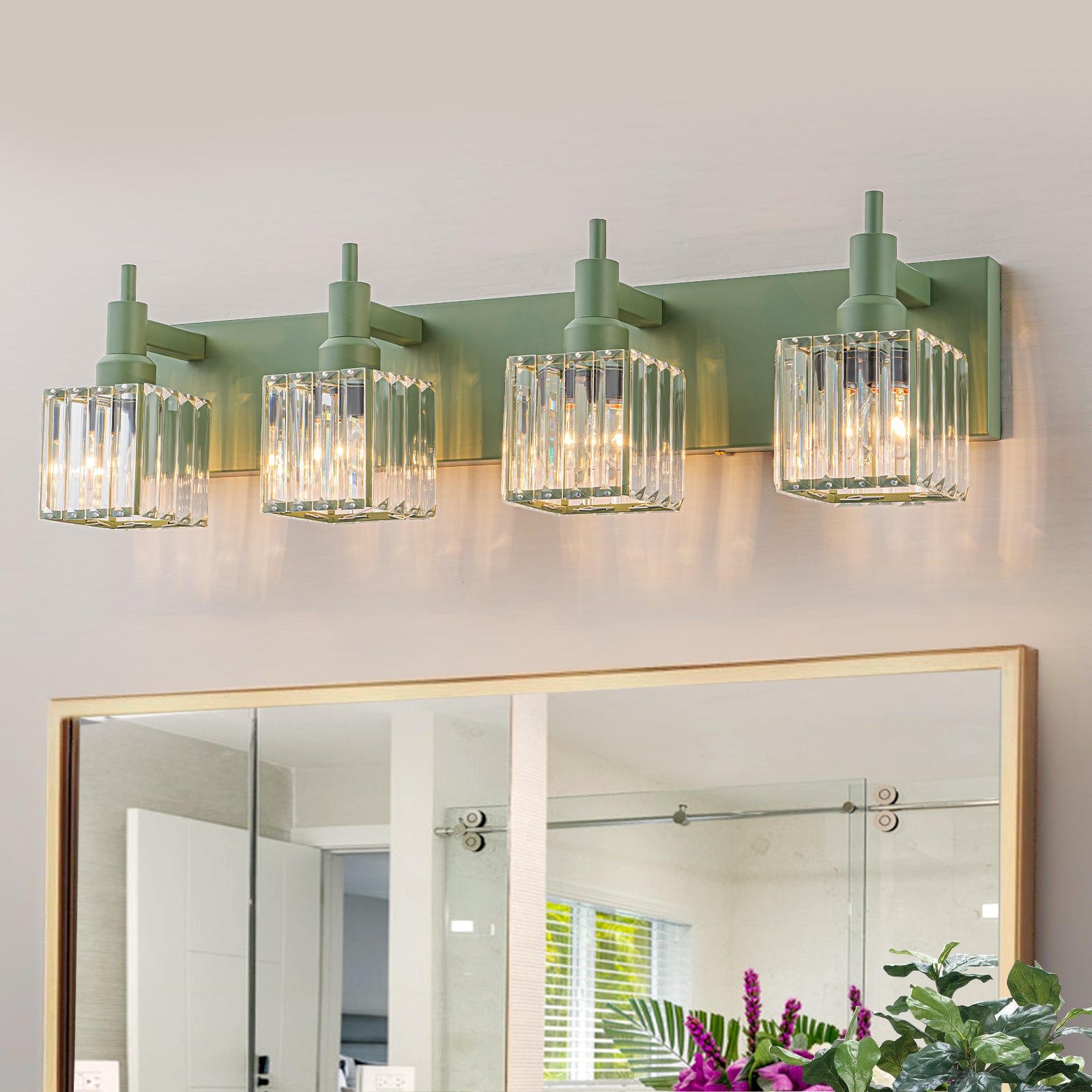 Glowlings 3-Light Modern Macaron Green Square Bathroom Vanity Light Over Mirror