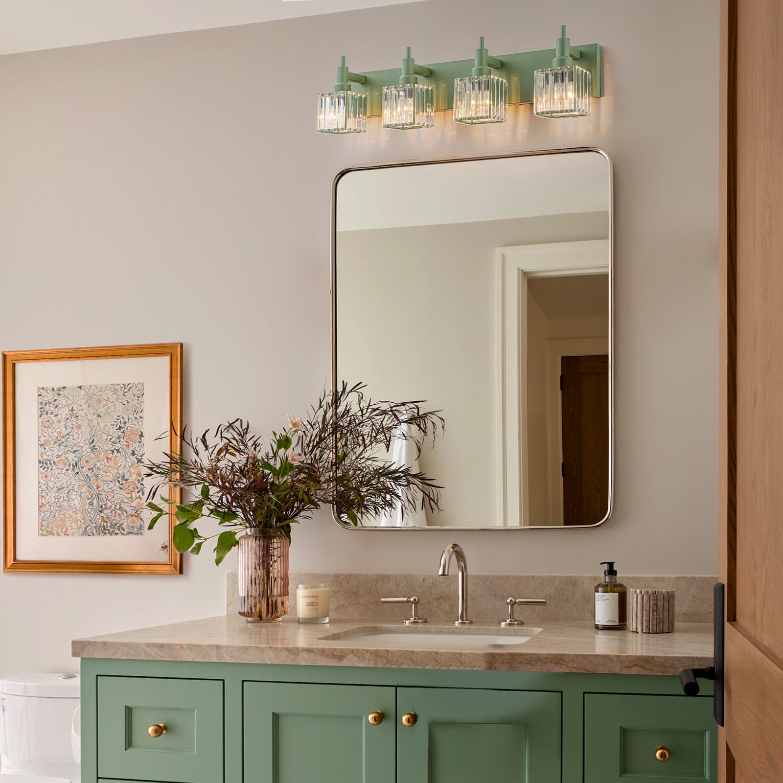 Glowlings 3-Light Modern Macaron Green Square Bathroom Vanity Light Over Mirror