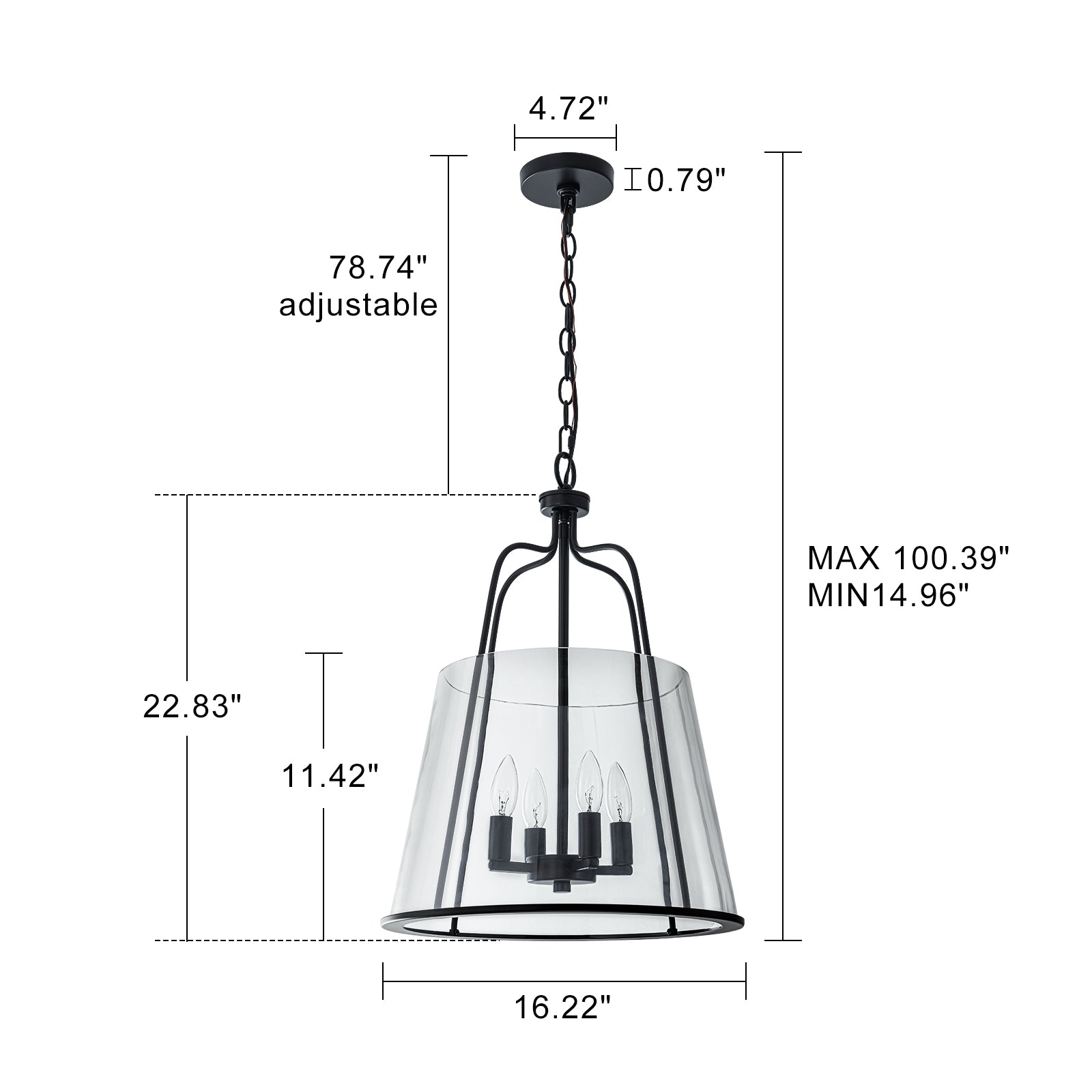 Glowlings 4-Light Modern 16"Wide Matte Black Cone Clear Glass Pendant Light Island Light