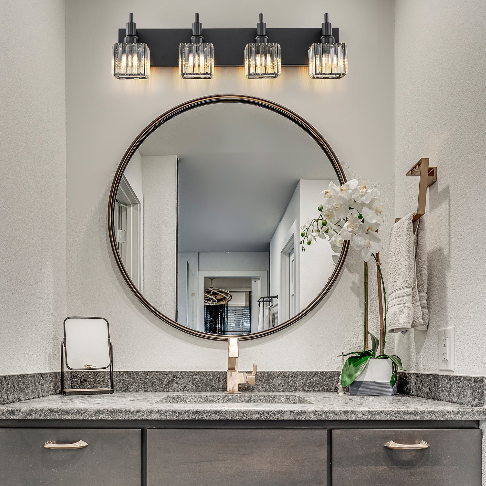 Glowlings 3/4/5-Light Modern Matte Black Square Crystal Bathroom Vanity Light Over Mirror