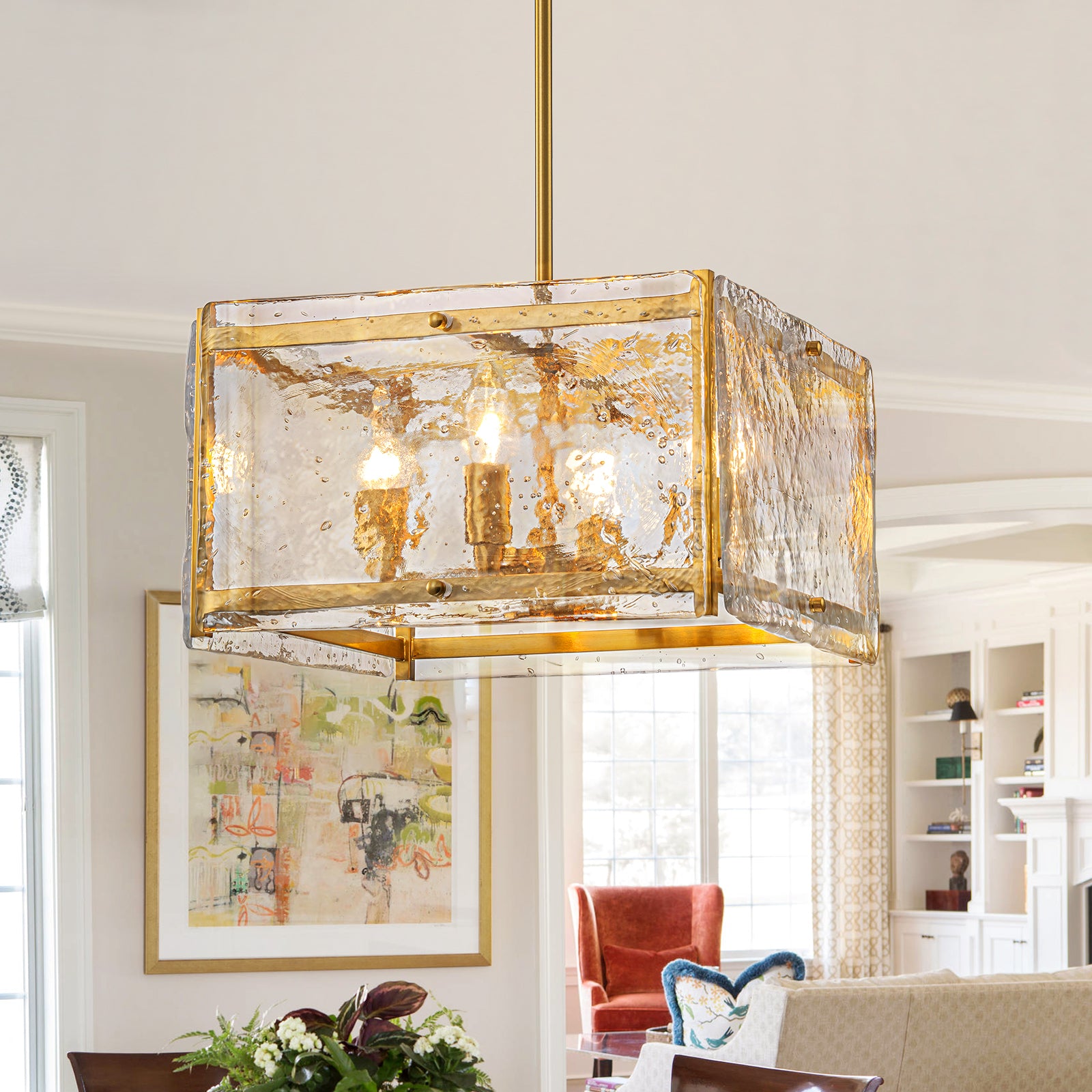 Glowlings 4-light Modern 16"Wide Square Water Ripple Seeded Glass Chandelier