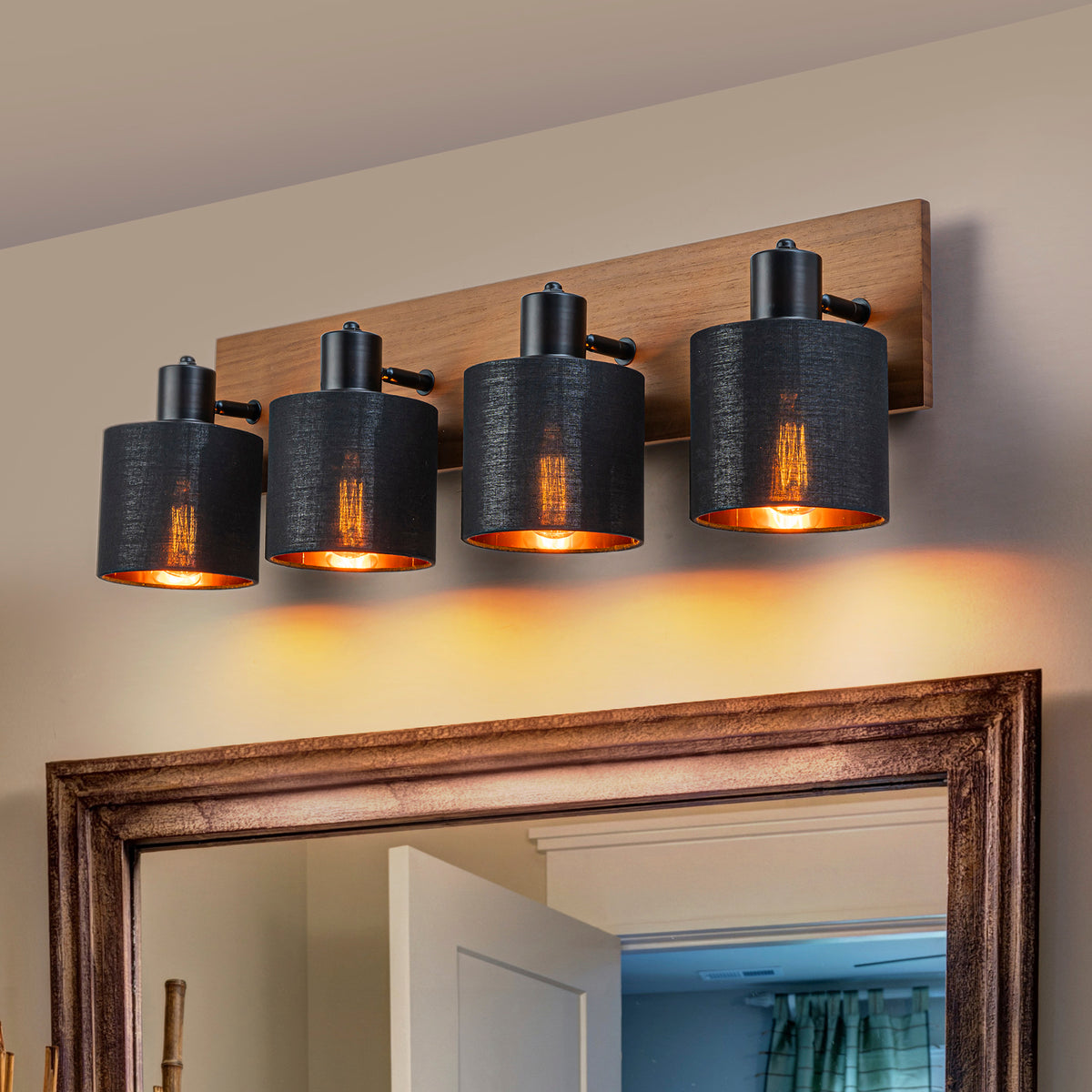 Glowlings 4-Light Modern 180° Swivel Adjustable Wood Bathroom Vanity Light with Black Fabric Shades & Gold Interior
