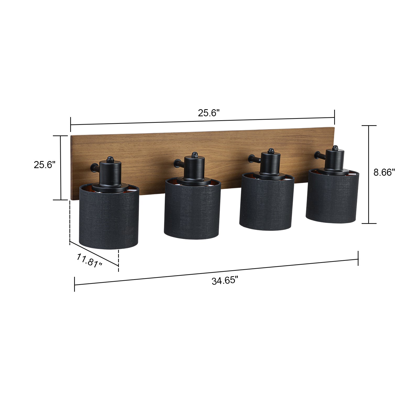 Glowlings 4-Light Modern 180° Swivel Adjustable Wood Bathroom Vanity Light with Black Fabric Shades & Gold Interior