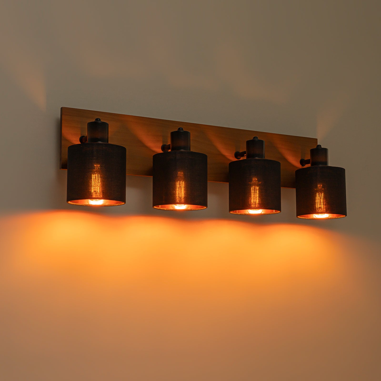 Glowlings 4-Light Modern 180° Swivel Adjustable Wood Bathroom Vanity Light with Black Fabric Shades & Gold Interior