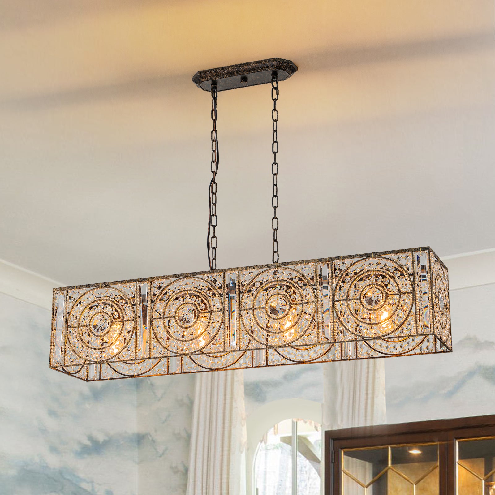 Glowlings 4-flammiger Vintage-Kronleuchter mit großem, rechteckigem Kristall in Antik-Bronze, 106,7 cm breit