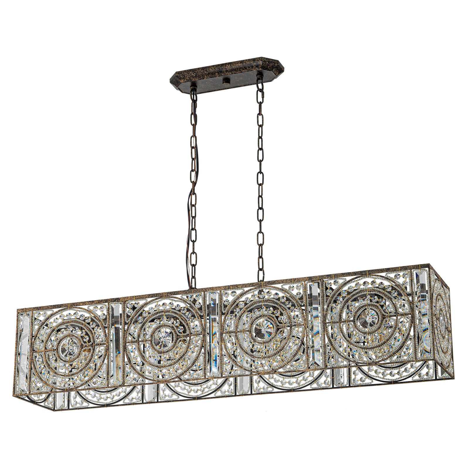 Glowlings 4-flammiger Vintage-Kronleuchter mit großem, rechteckigem Kristall in Antik-Bronze, 106,7 cm breit