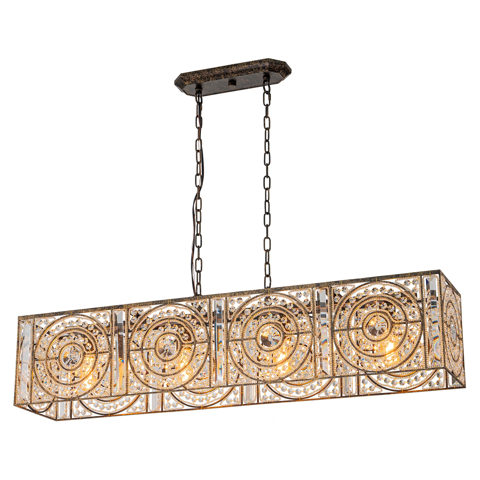 Glowlings 4-flammiger Vintage-Kronleuchter mit großem, rechteckigem Kristall in Antik-Bronze, 106,7 cm breit