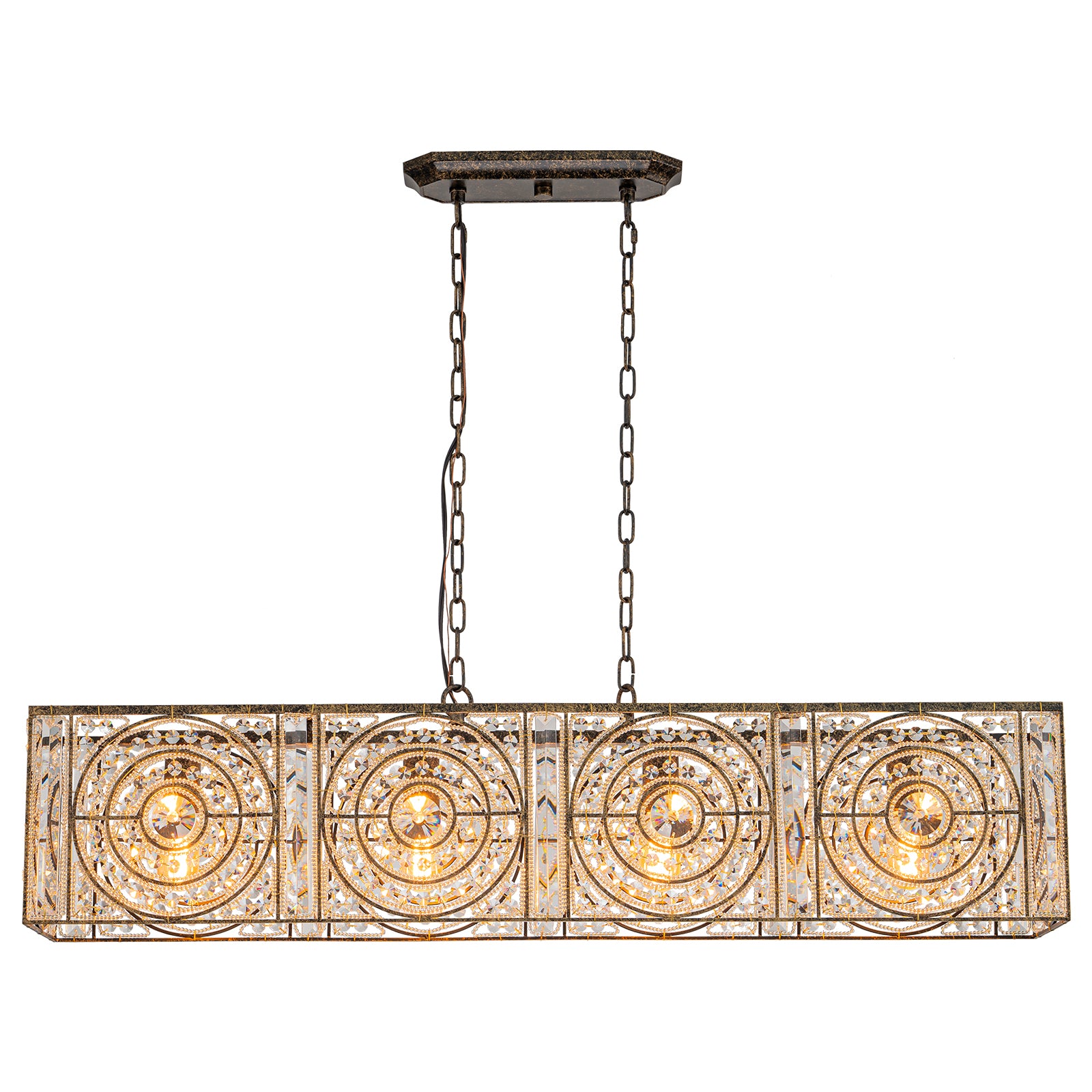 Glowlings 4-flammiger Vintage-Kronleuchter mit großem, rechteckigem Kristall in Antik-Bronze, 106,7 cm breit