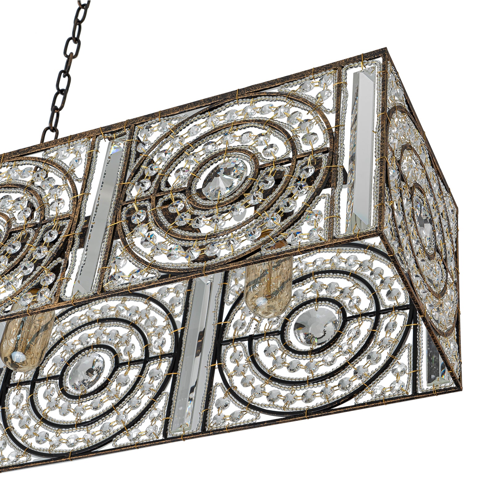 Glowlings 4-flammiger Vintage-Kronleuchter mit großem, rechteckigem Kristall in Antik-Bronze, 106,7 cm breit