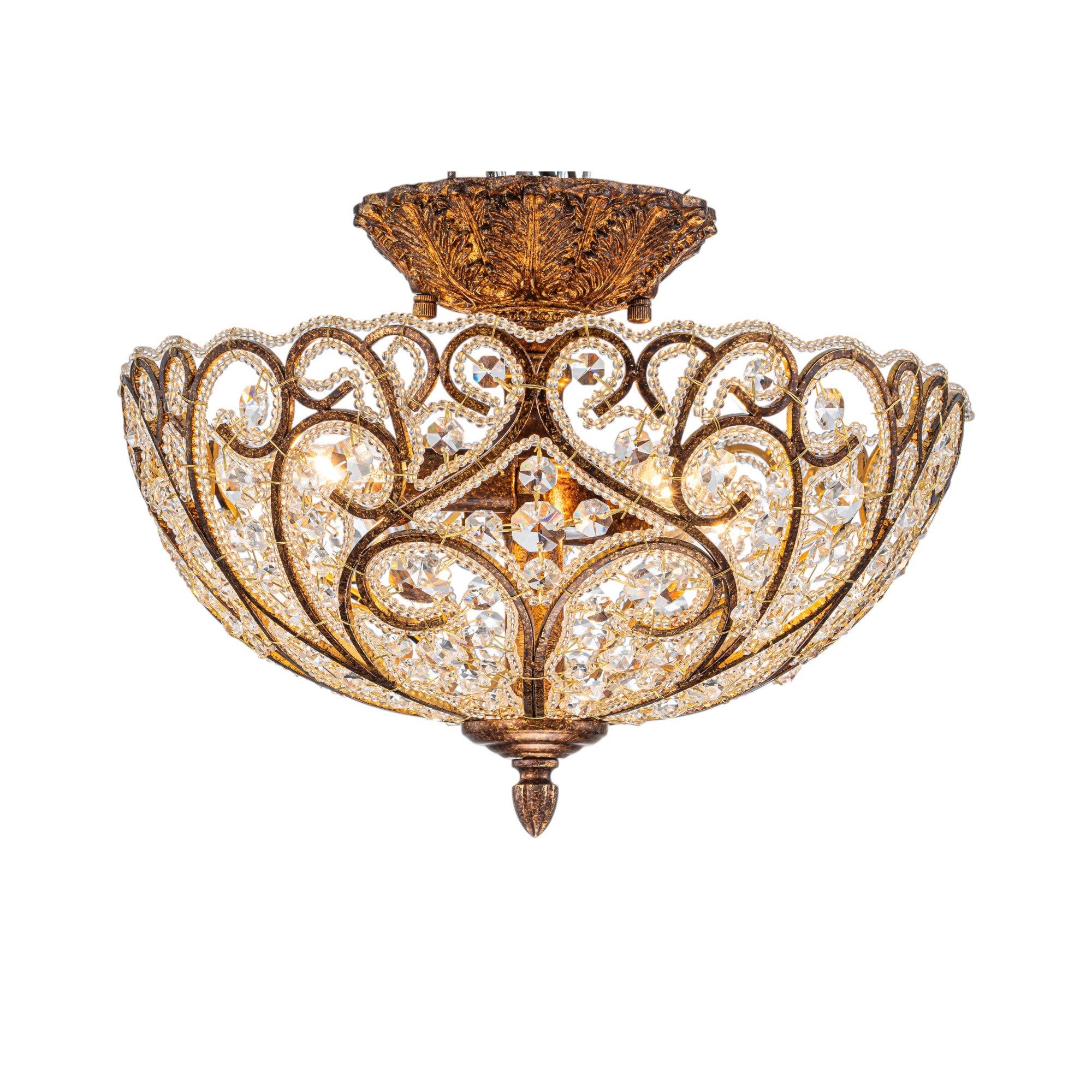 Glowlings 4-Light Vintage 14"Wide Aged Gold Leaf Crystal Semi-Flush Mount Ceiling Light