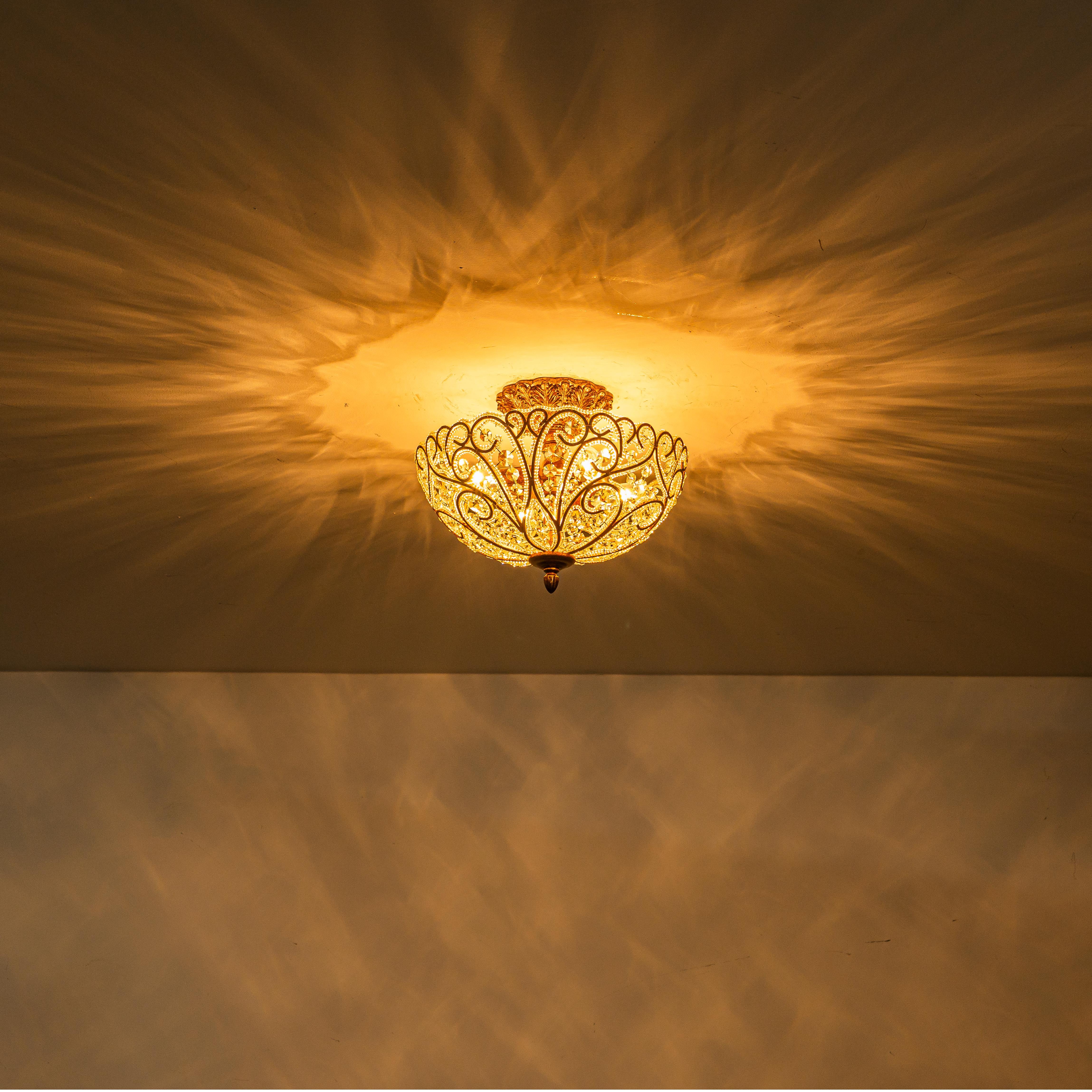Glowlings 4-Light Vintage 14"Wide Aged Gold Leaf Crystal Semi-Flush Mount Ceiling Light