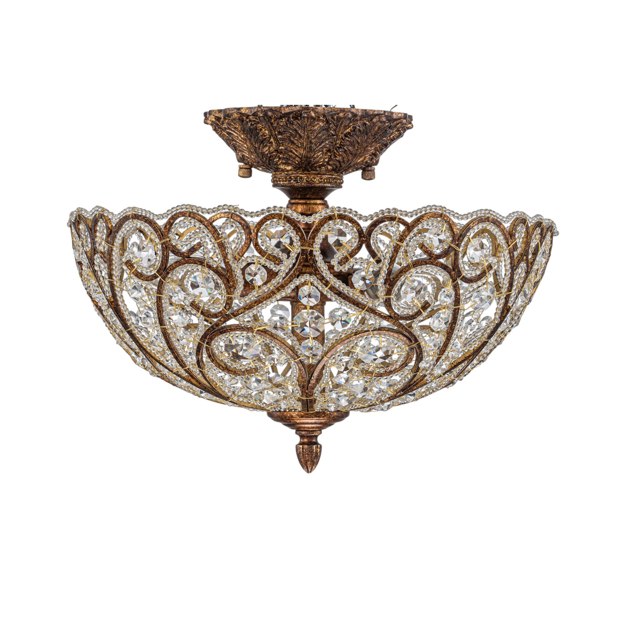 Glowlings 4-Light Vintage 14"Wide Aged Gold Leaf Crystal Semi-Flush Mount Ceiling Light
