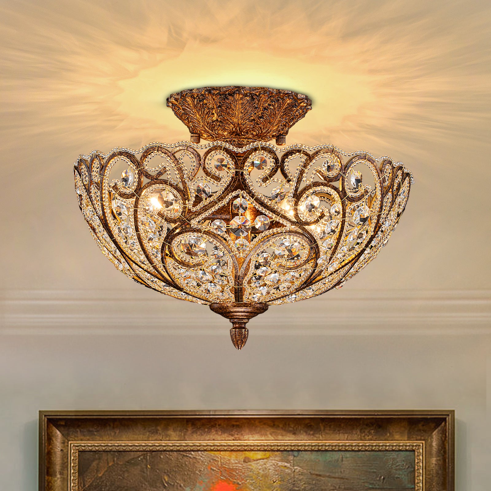 Glowlings 4-Light Vintage 14"Wide Aged Gold Leaf Crystal Semi-Flush Mount Ceiling Light