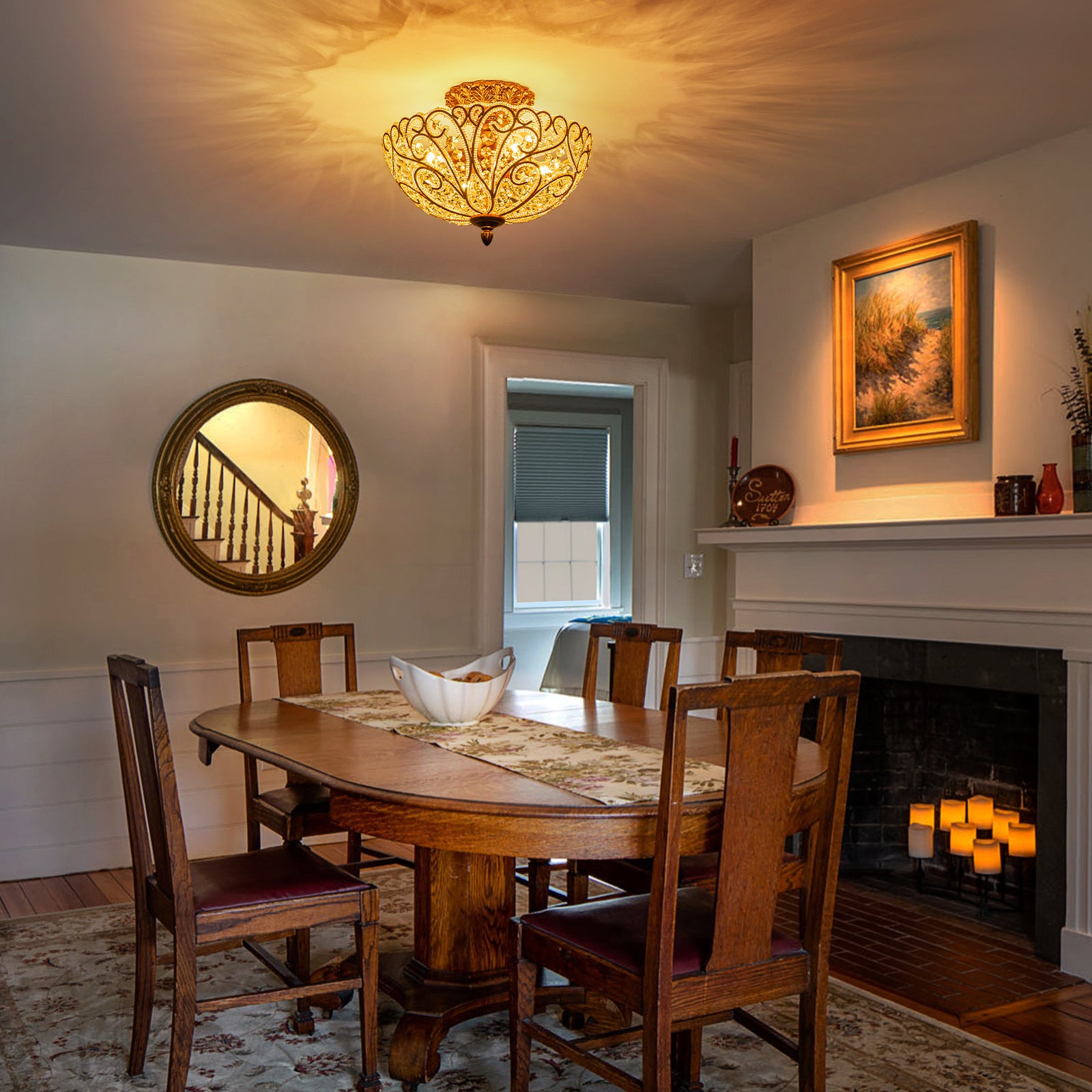 Glowlings 4-Light Vintage 14"Wide Aged Gold Leaf Crystal Semi-Flush Mount Ceiling Light