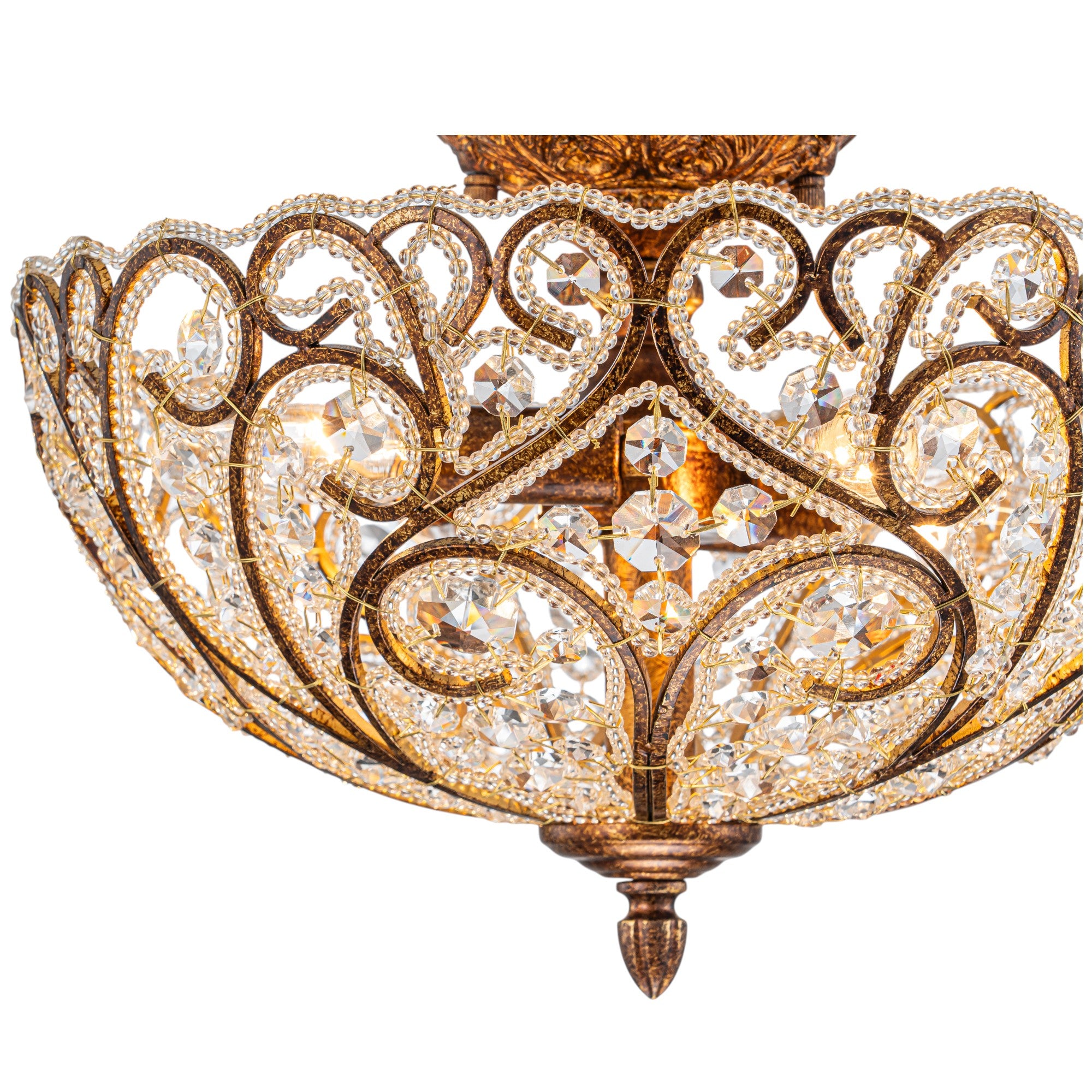 Glowlings 4-Light Vintage 14"Wide Aged Gold Leaf Crystal Semi-Flush Mount Ceiling Light