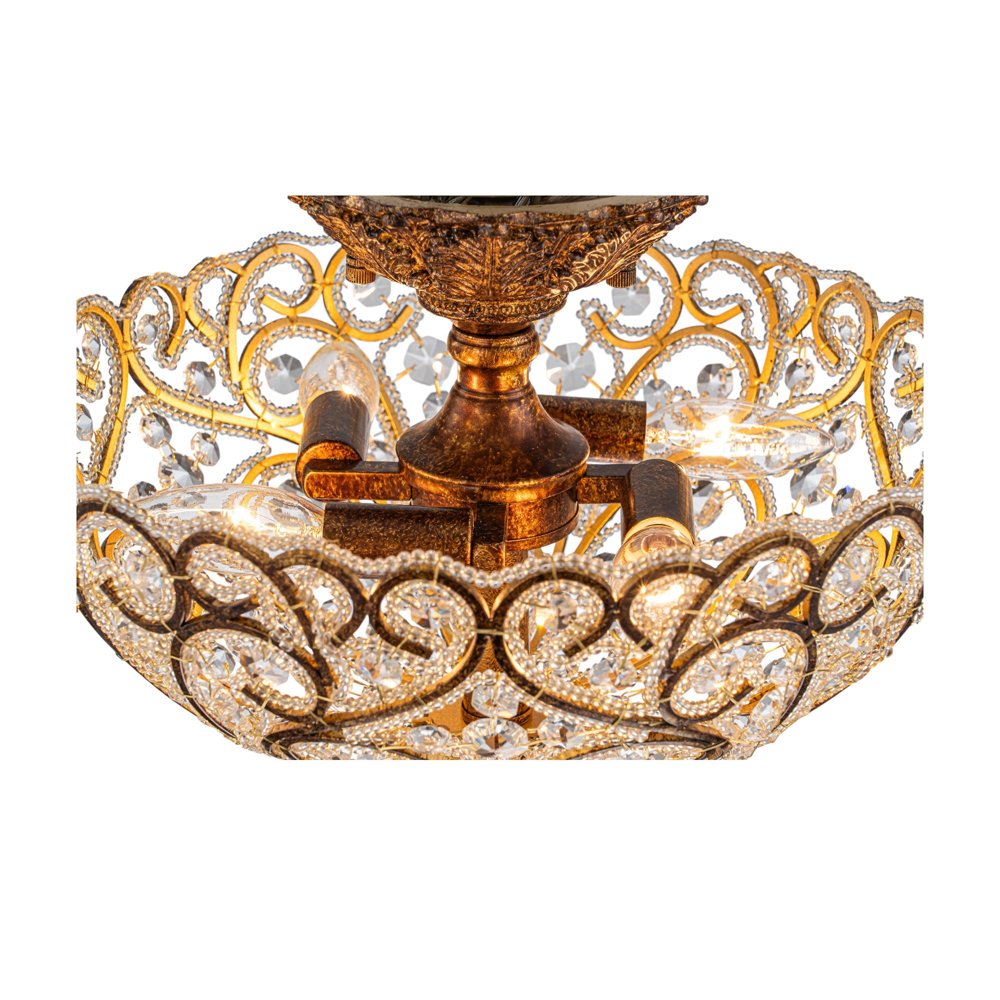 Glowlings 4-Light Vintage 14"Wide Aged Gold Leaf Crystal Semi-Flush Mount Ceiling Light