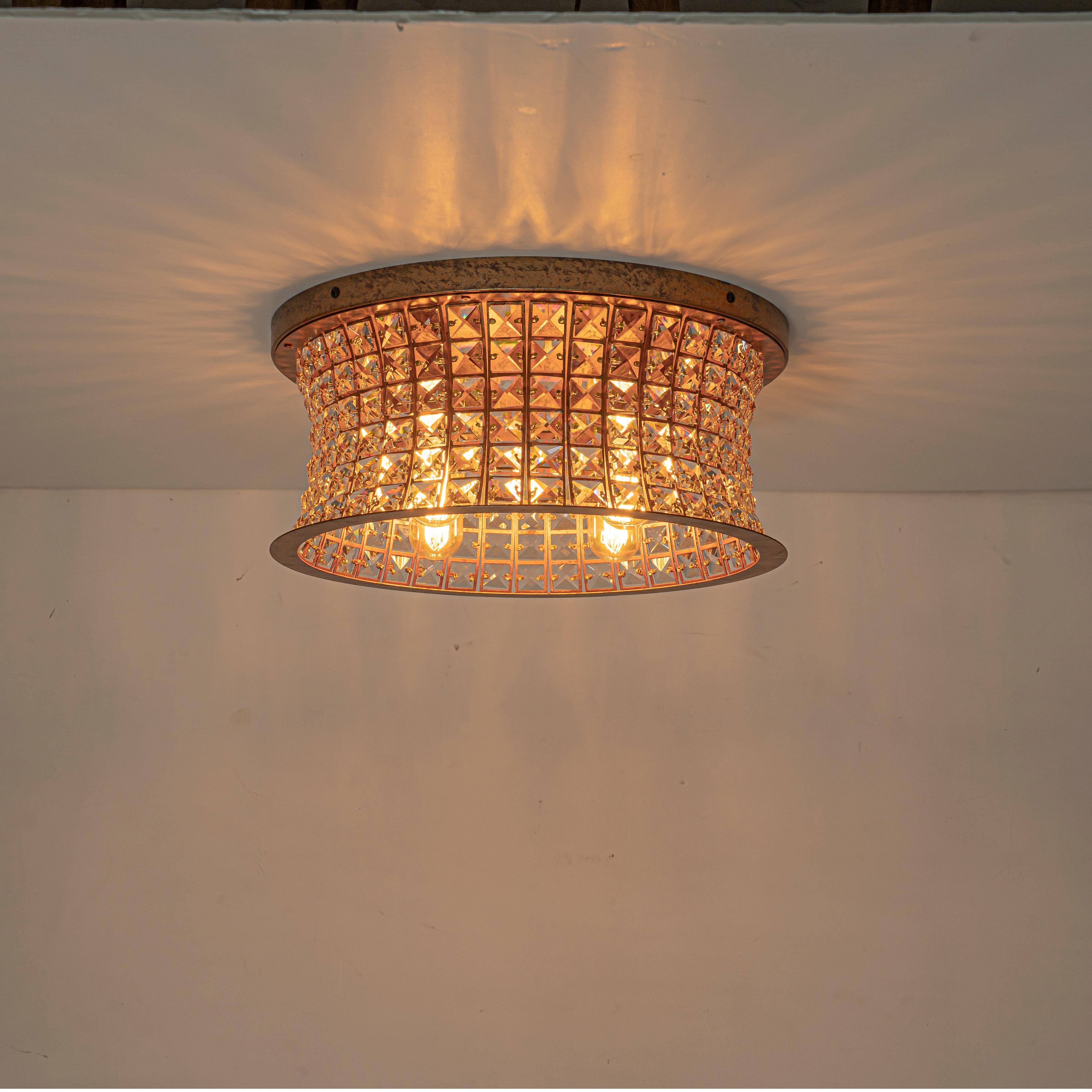 Glowlings 4-Light Vintage 16"Wide Antique Brass Curved Round Crystal Flush Mount Ceiling Light