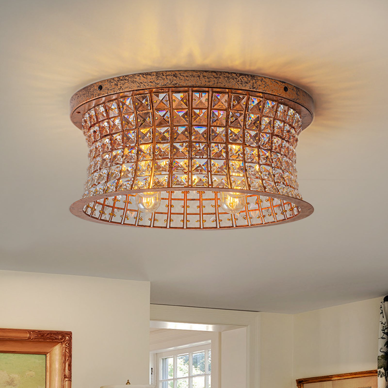 Glowlings 4-Light Vintage 16"Wide Antique Brass Curved Round Crystal Flush Mount Ceiling Light