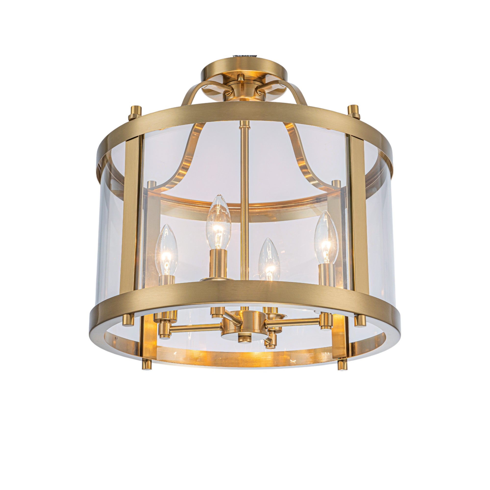 Glowlings 4-Light Vintage 16"Wide Brass Clear Glass Round Semi-Flush Mount Ceiling Light