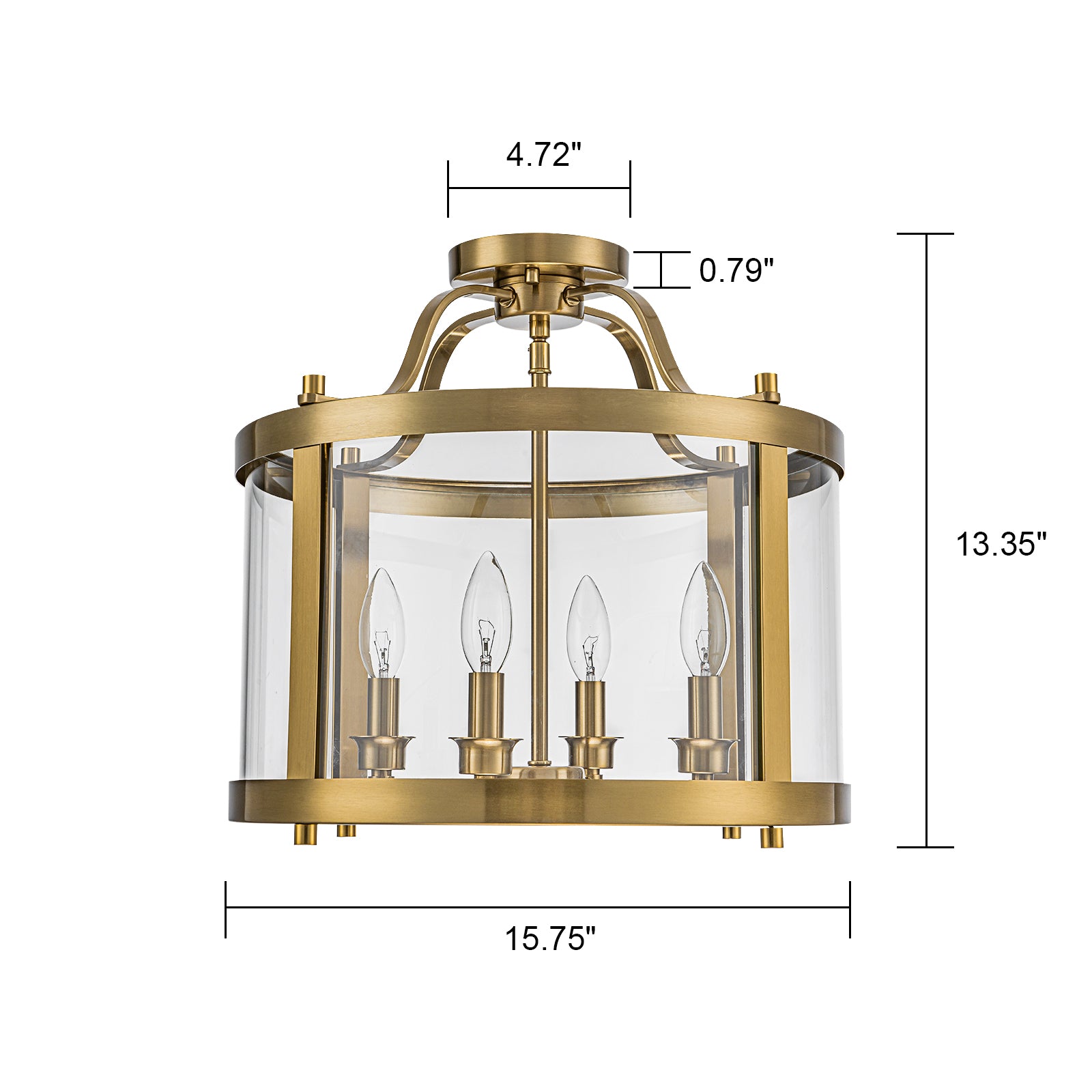 Glowlings 4-Light Vintage 16"Wide Brass Clear Glass Round Semi-Flush Mount Ceiling Light