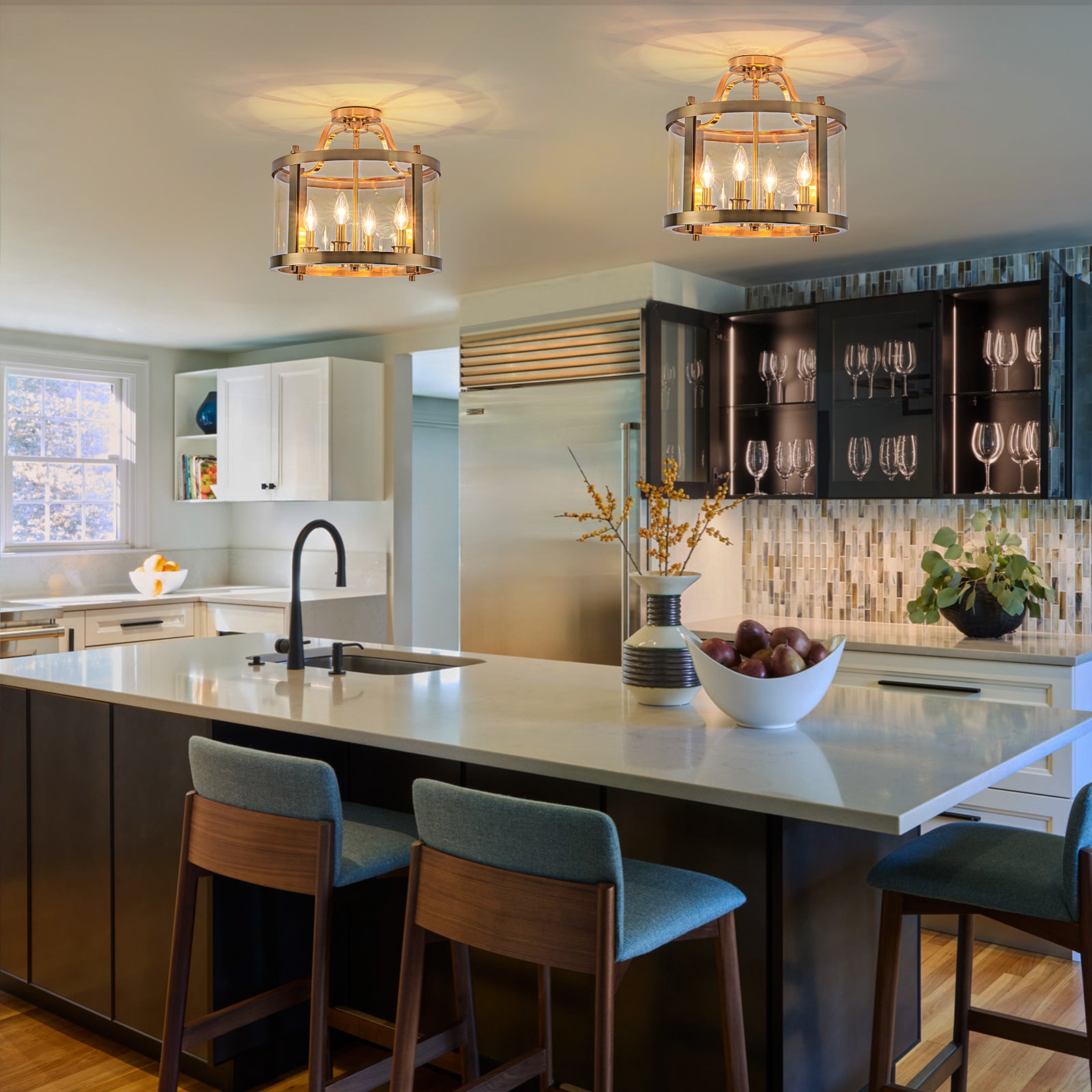 Glowlings 4-Light Vintage 16"Wide Brass Clear Glass Round Semi-Flush Mount Ceiling Light