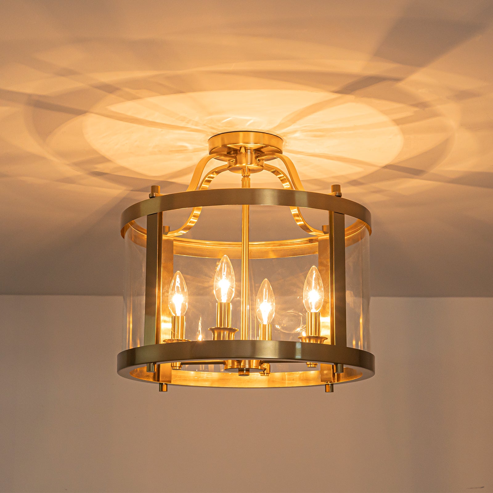 Glowlings 4-Light Vintage 16"Wide Brass Clear Glass Round Semi-Flush Mount Ceiling Light