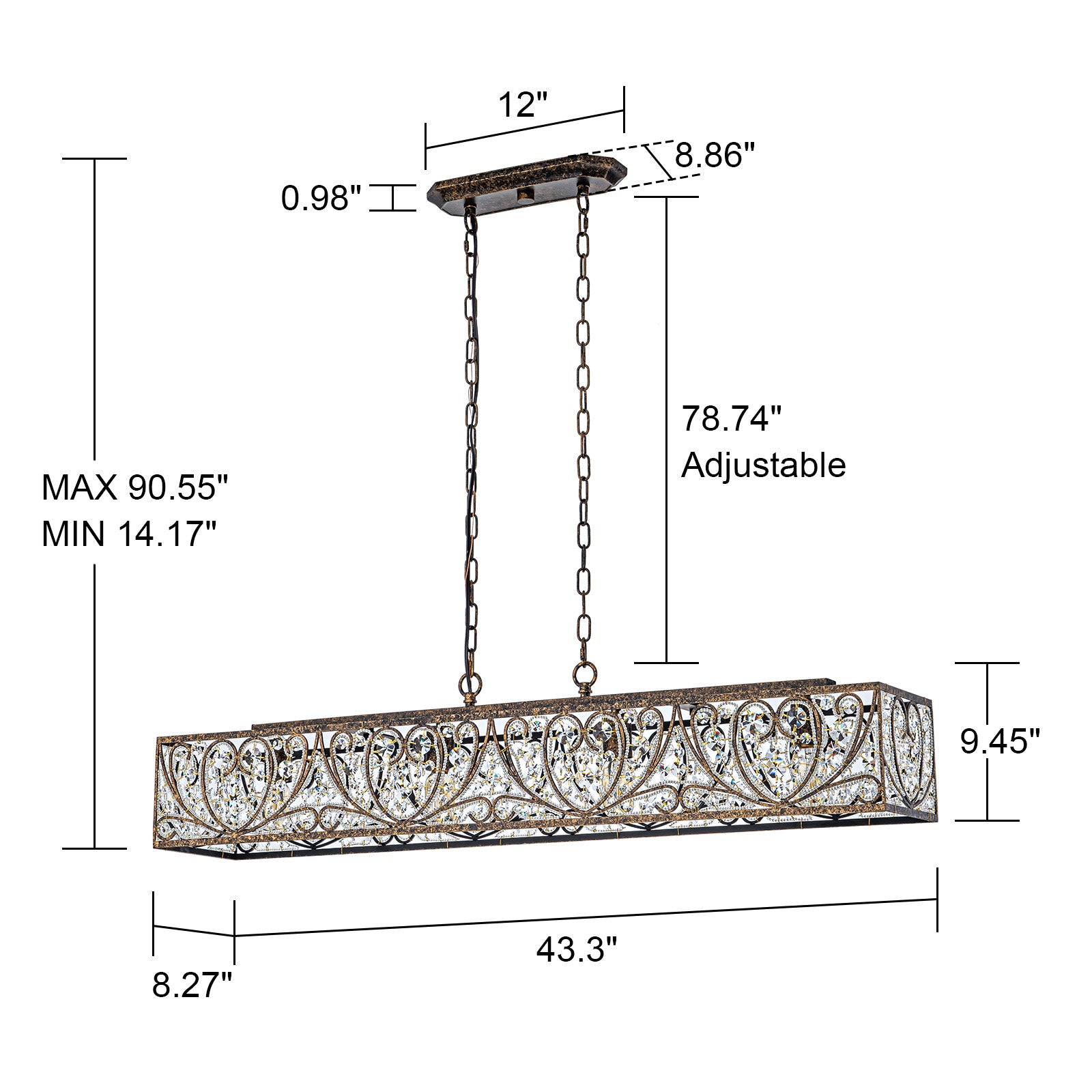 Glowlings 4-Light Vintage 43"Wide Large Antique Bronze Beads Linear Crystal Chandelier