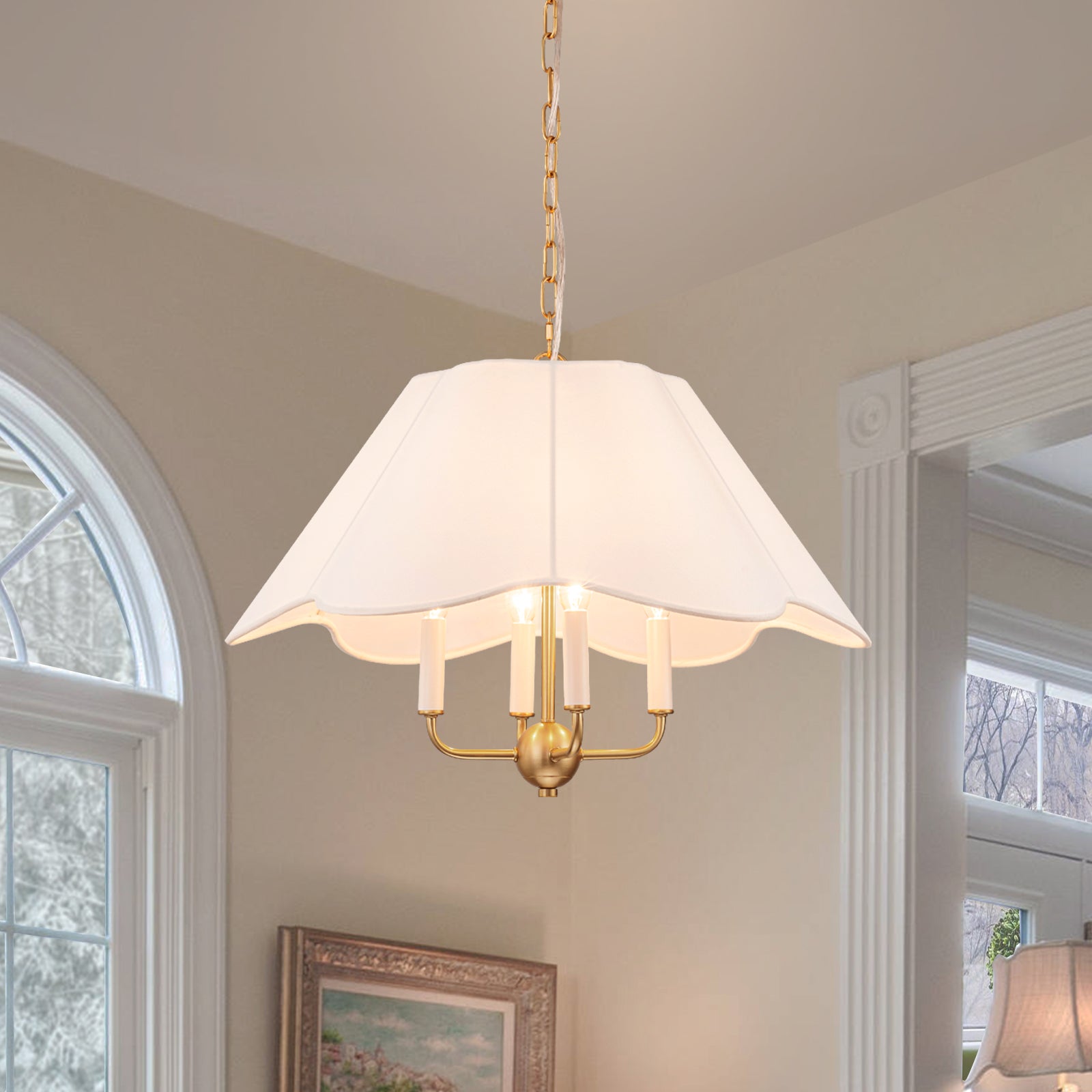 Glowlings French Country Fabric Chandelier - 23" Vintage 4-Light Candle Chandelier, White Scalloped Flower Shape Pendant Light