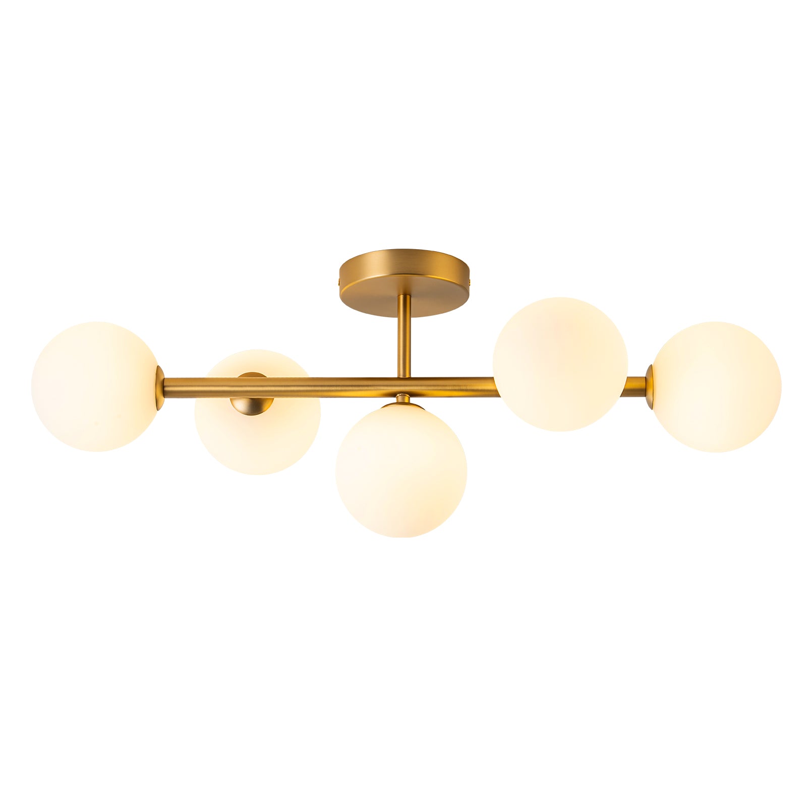 Glowlings 5-flammige, moderne 66 cm breite Sputnik-Opalglas-Kugelleuchte aus Messing, lineare, halbbündige Montage