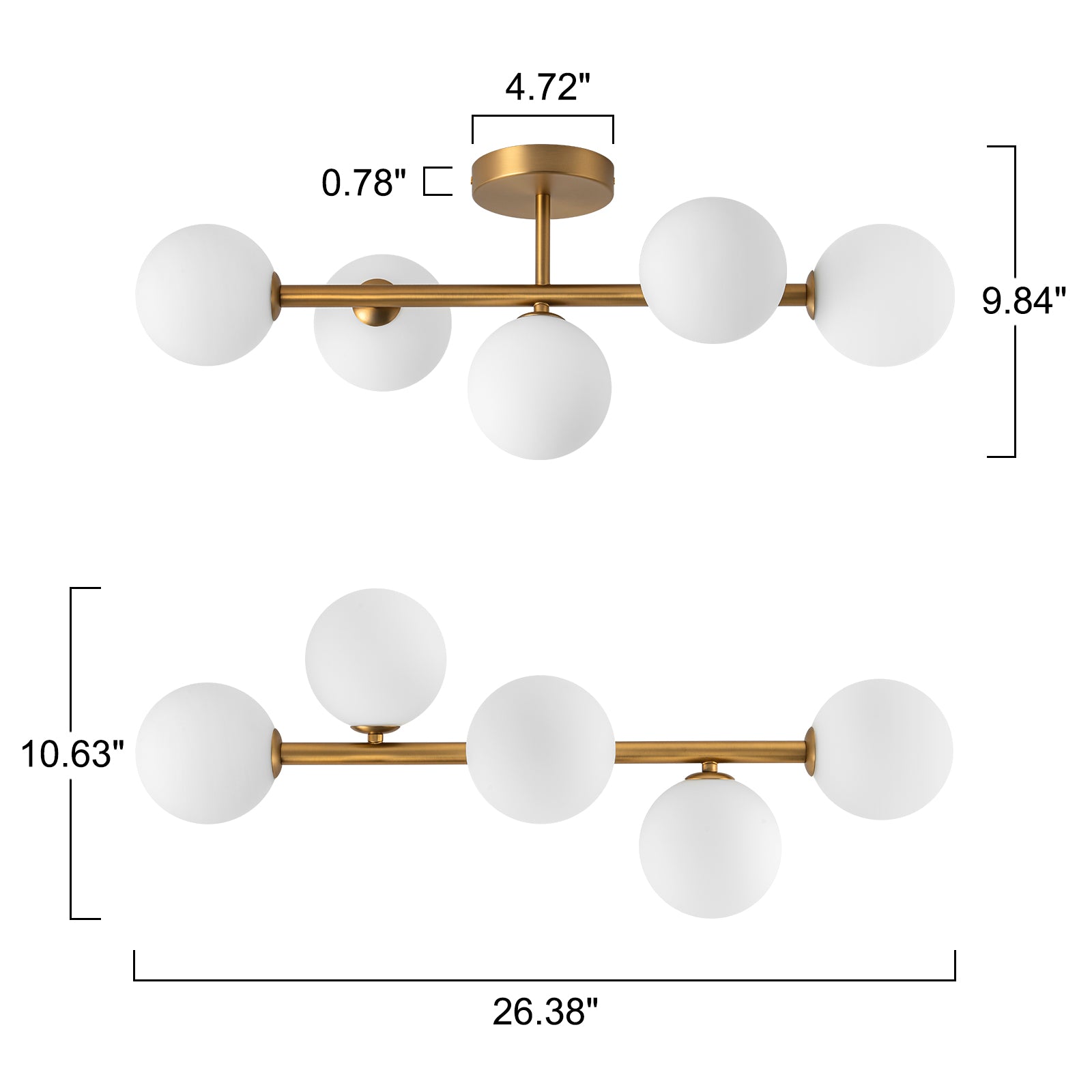 Glowlings 5-Light Modern 26"Wide Brass Sputnik Opal Glass Globe Linear Semi Flush Mount