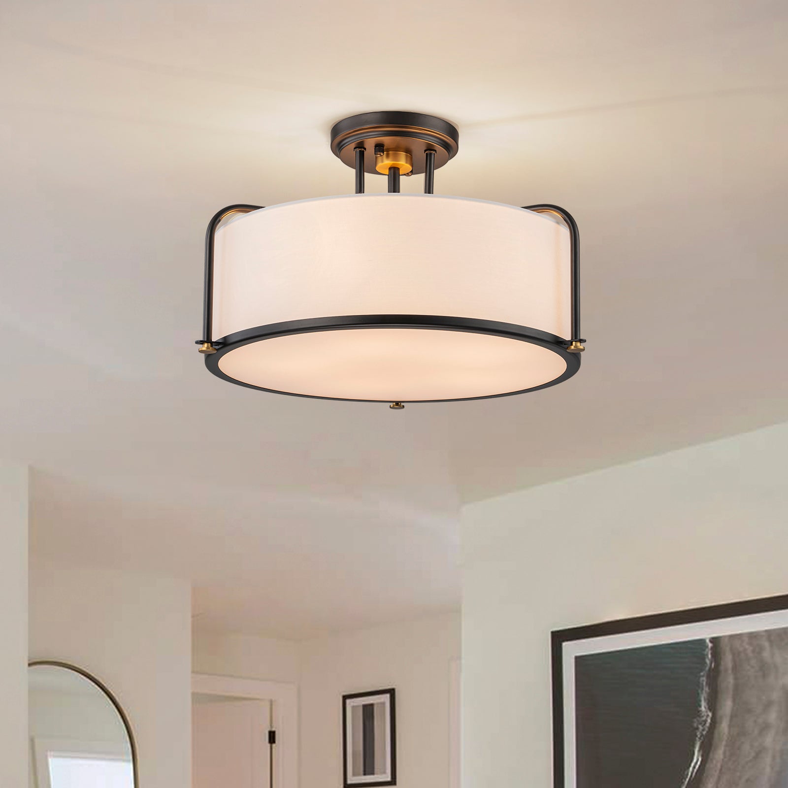 Glowlings 5-Light Contemporary 18"Wide Black Textured Fabric Drum Semi-Flush Mount Ceiling Light