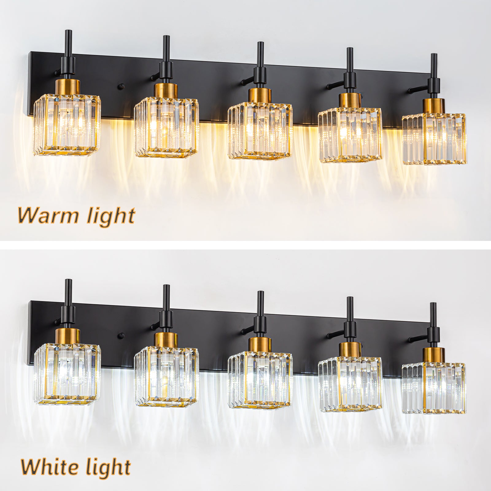 Glowlings 5-flammige, dimmbare quadratische Kristall-Badezimmerleuchte für Badezimmer
