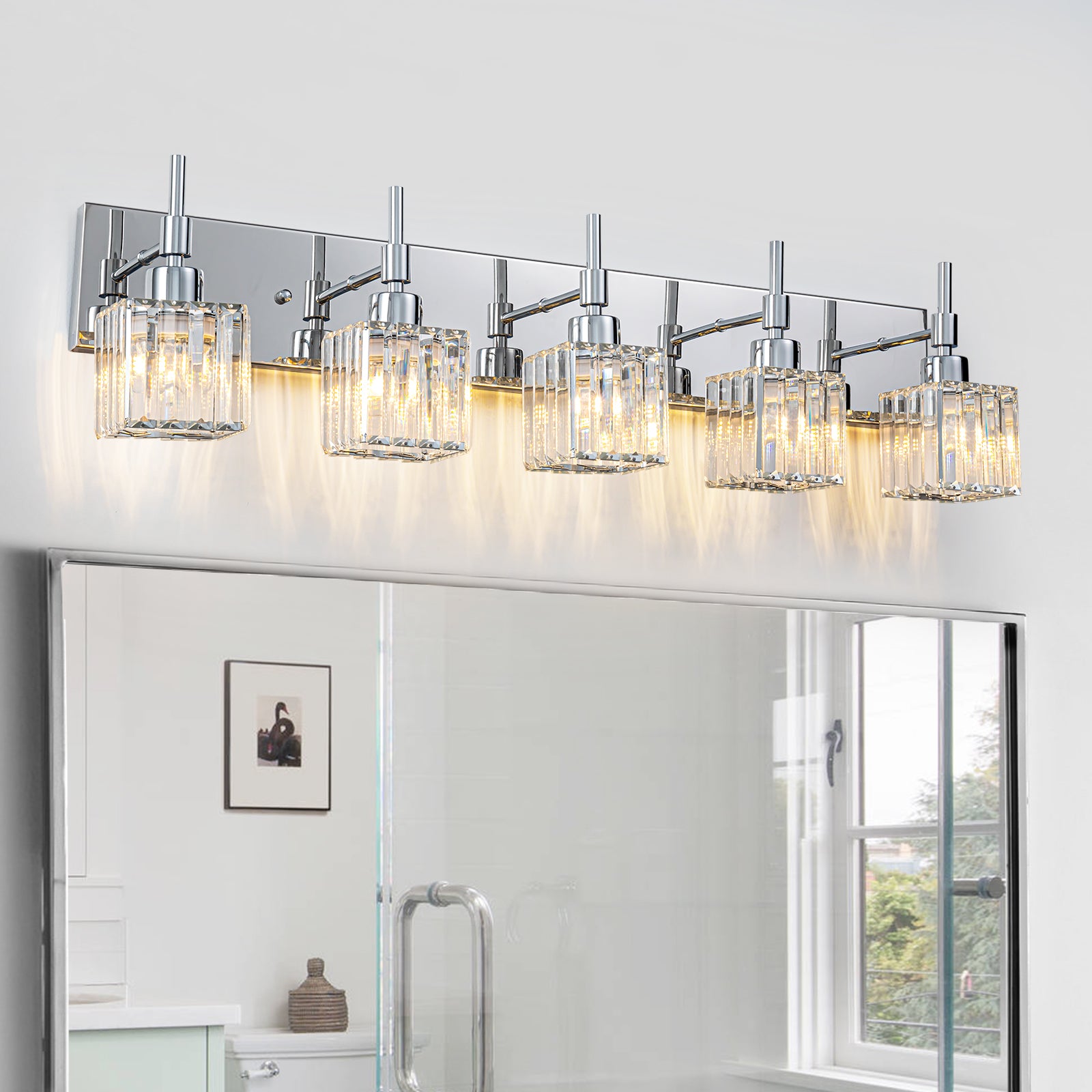 Glowlings 5-Light Dimmable Pole Square Crystal Bath Vanity Light for B