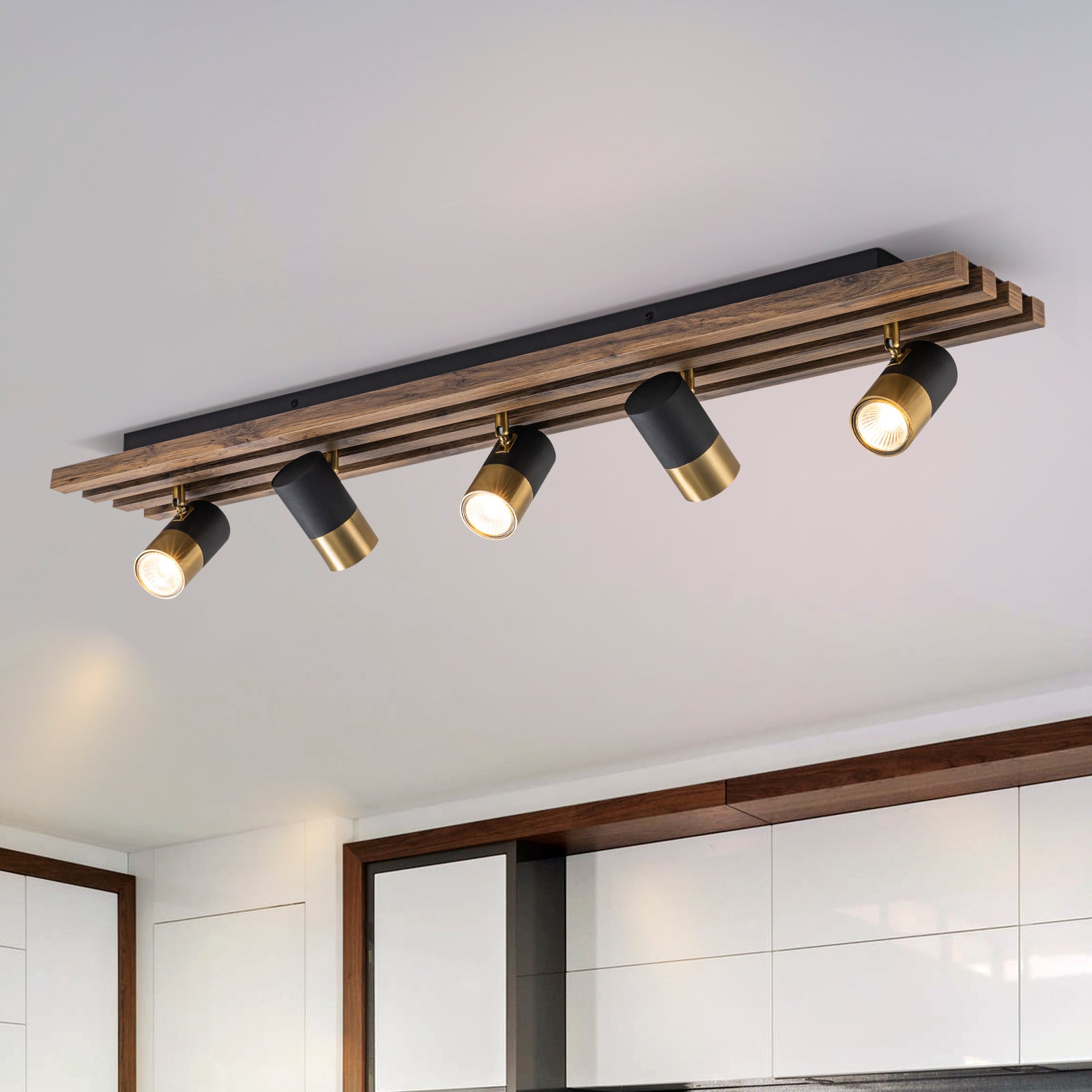 Glowlings 5-Light Farmhouse 40"Wide Linear Wood Flush Mount Spotlight LED Track Light Kit