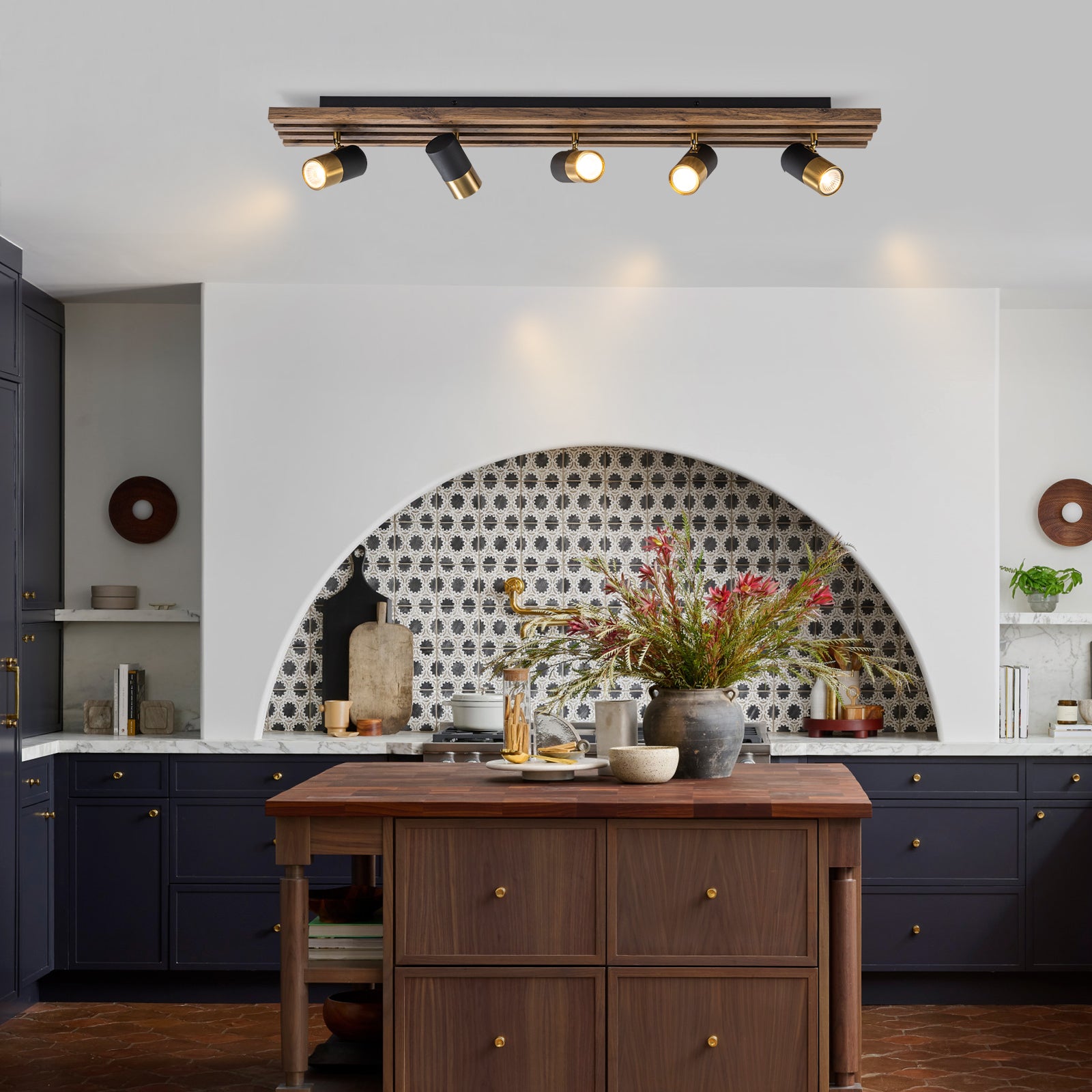 Glowlings 5-Light Farmhouse 40"Wide Linear Wood Flush Mount Spotlight LED Track Light Kit