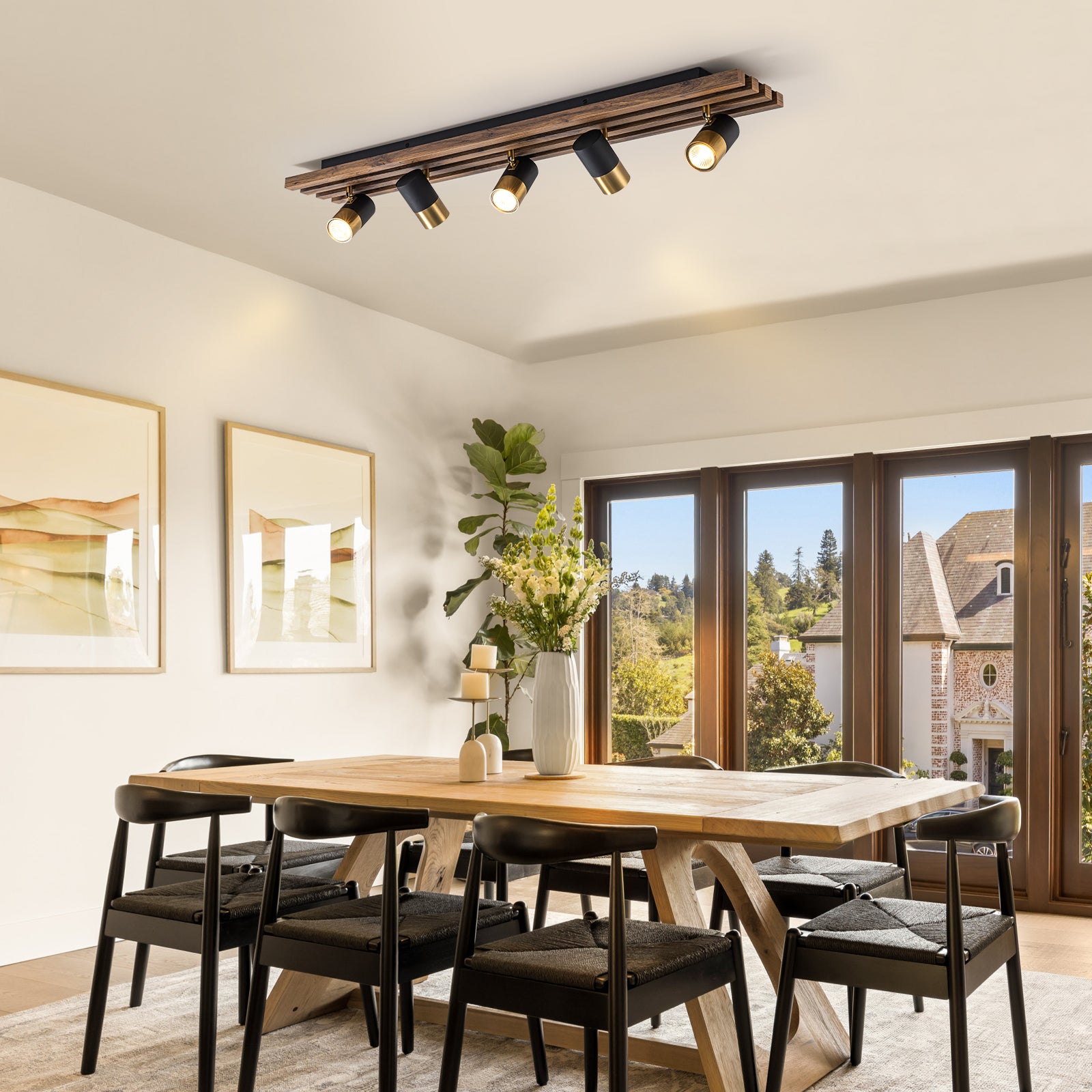 Glowlings 5-Light Farmhouse 40"Wide Linear Wood Flush Mount Spotlight LED Track Light Kit