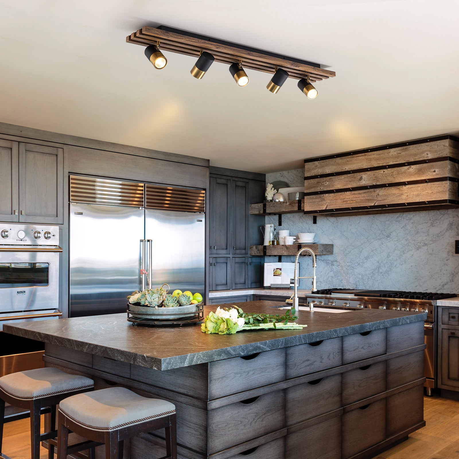 Glowlings 5-Light Farmhouse 40"Wide Linear Wood Flush Mount Spotlight LED Track Light Kit