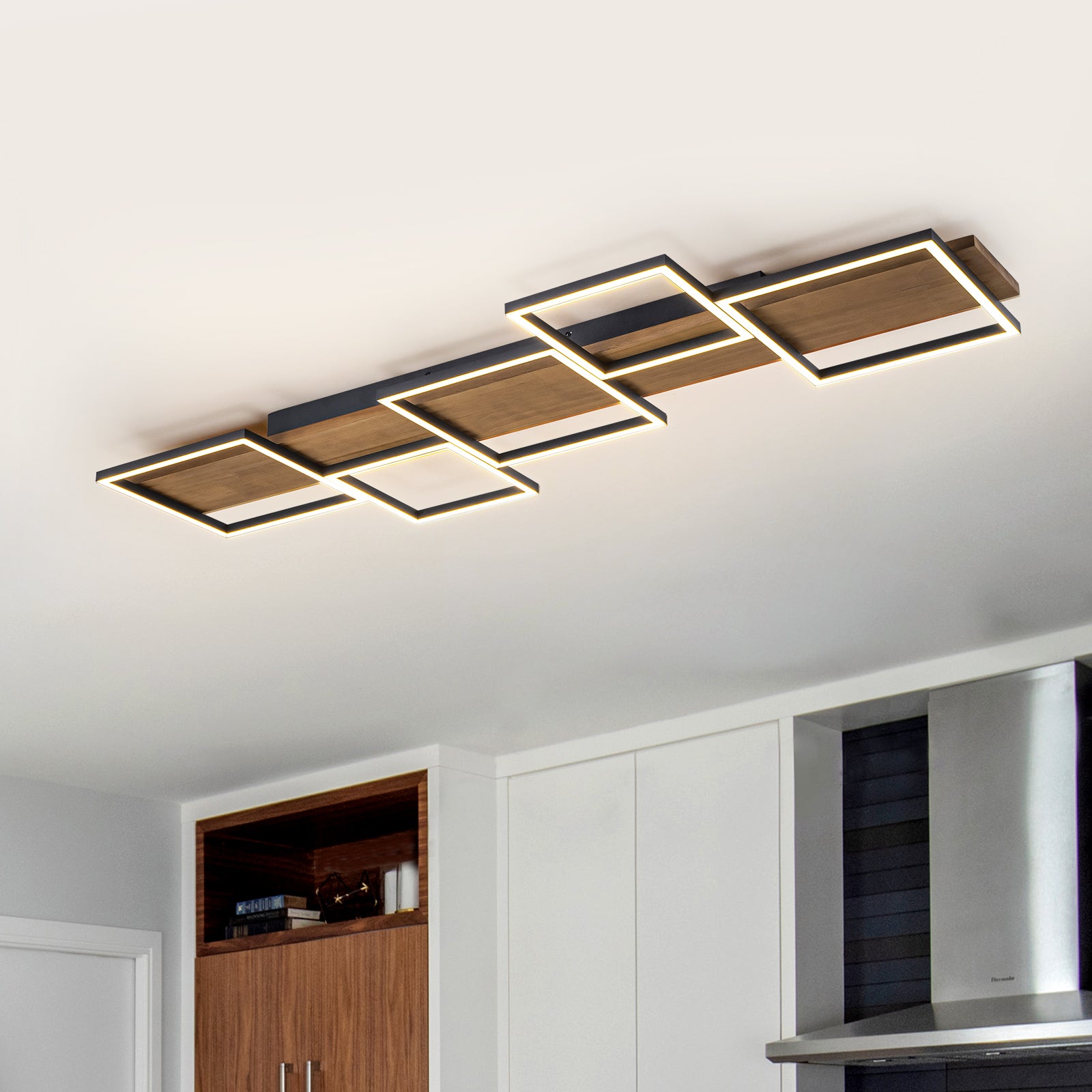 Glowlings 5-Light Farmhouse 47“Wide Square LED Linear Wood Flush Mount Celing Light