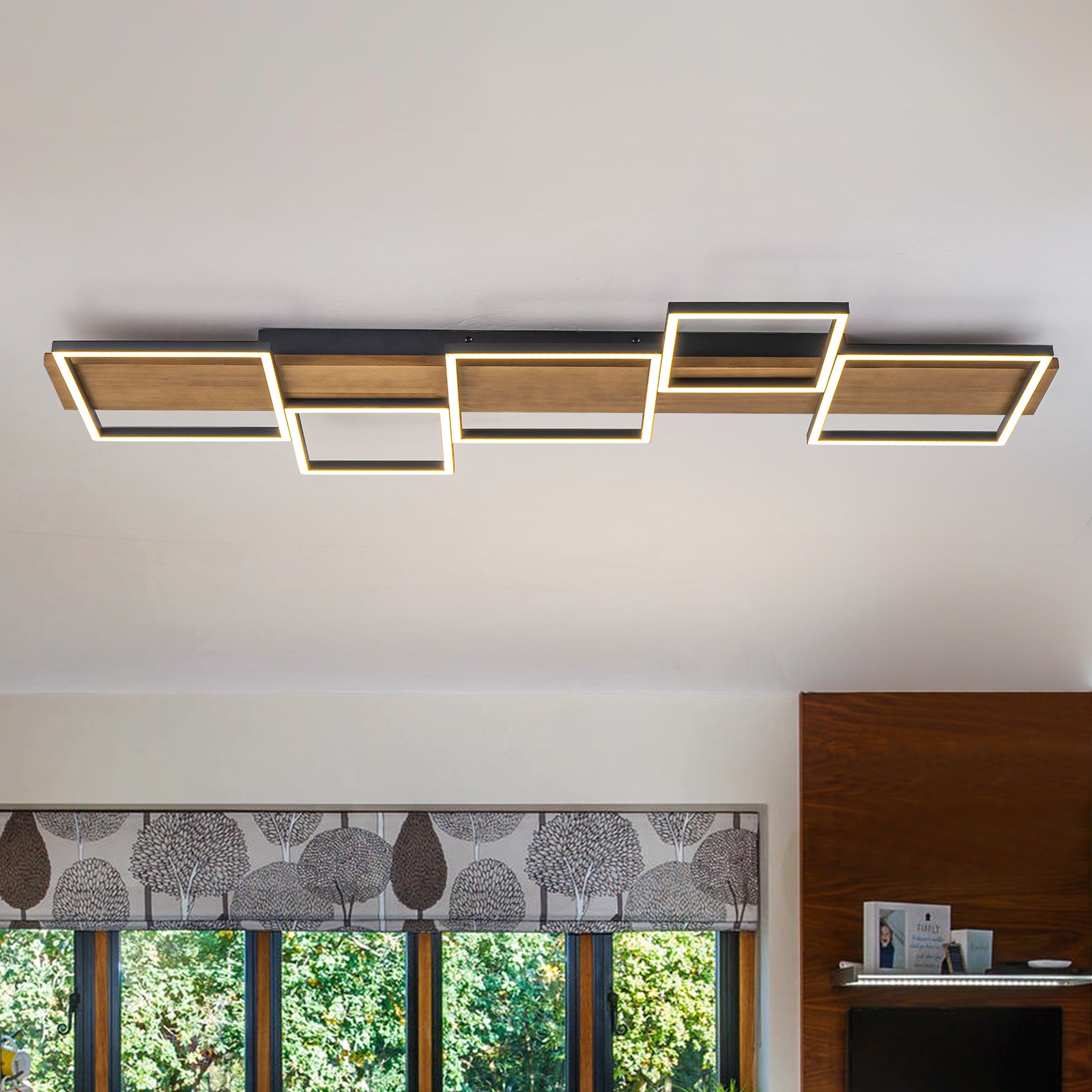 Glowlings 5-Light Farmhouse 47“Wide Square LED Linear Wood Flush Mount Celing Light