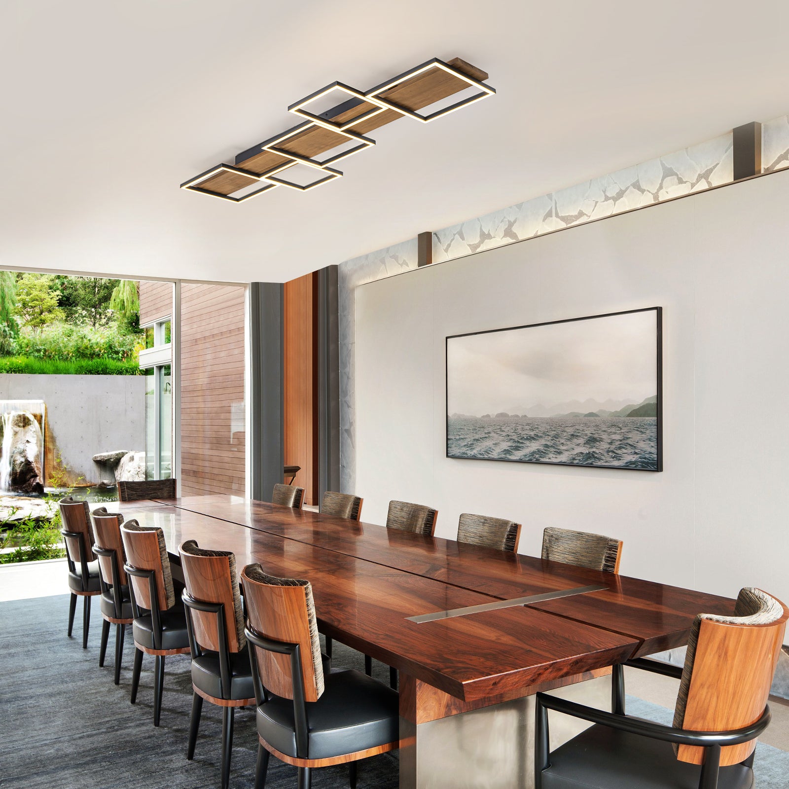 Glowlings 5-Light Farmhouse 47“Wide Square LED Linear Wood Flush Mount Celing Light