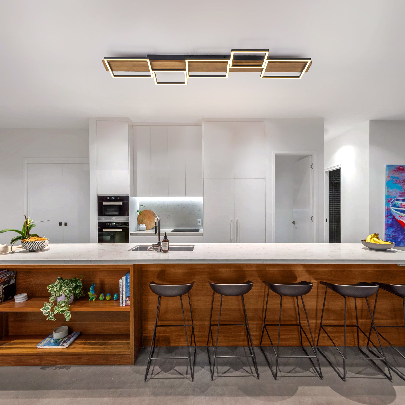 Glowlings 5-Light Farmhouse 47“Wide Square LED Linear Wood Flush Mount Celing Light