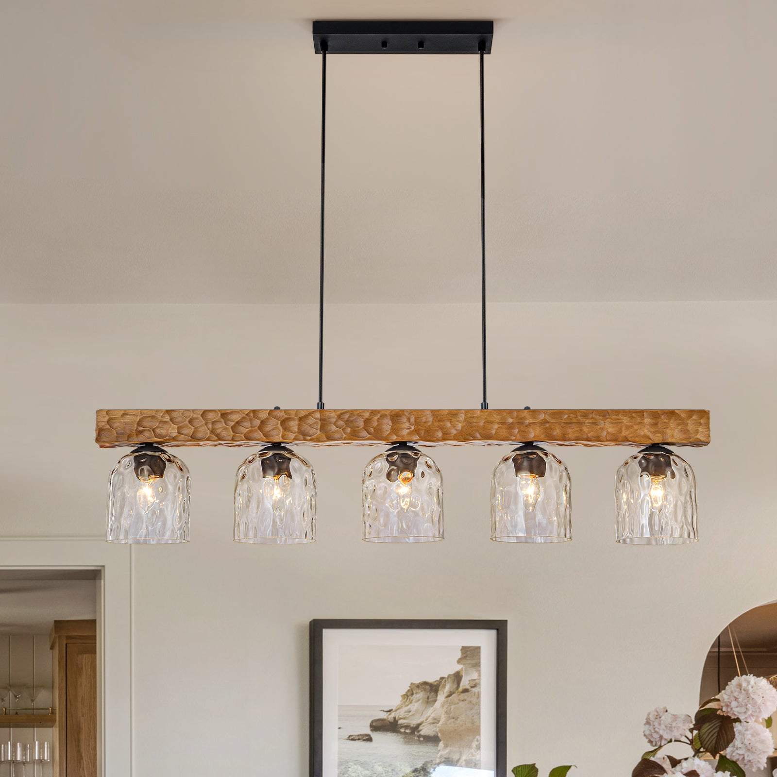 Glowlings 5-Light Farmhouse 43"Wide Large Wooden Hammered Clear Glass Linear Pendant Light