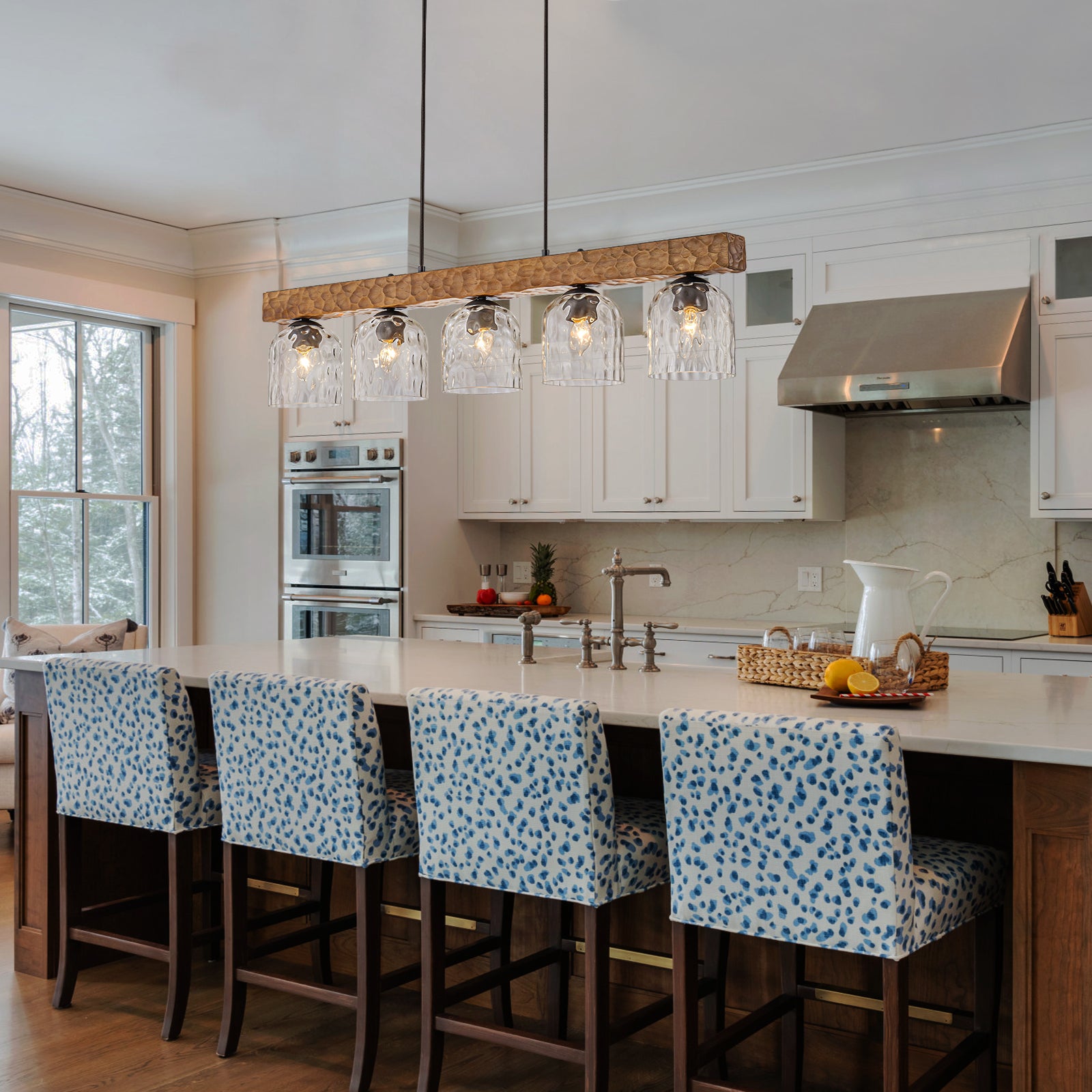 Glowlings 5-Light Farmhouse 43"Wide Large Wooden Hammered Clear Glass Linear Pendant Light